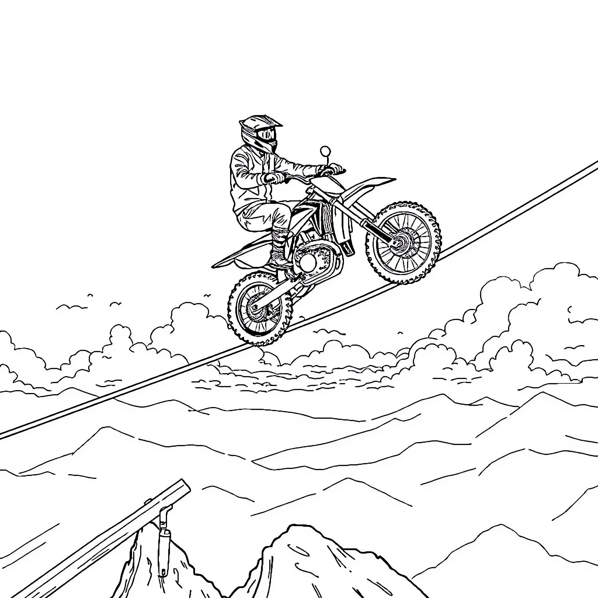 Motorcyclist jumping over rugged terrain Coloring Page (free black-and-white line drawing printable PDF for all, from beginners to advanced learners, including children, teens, adults, and seniors)