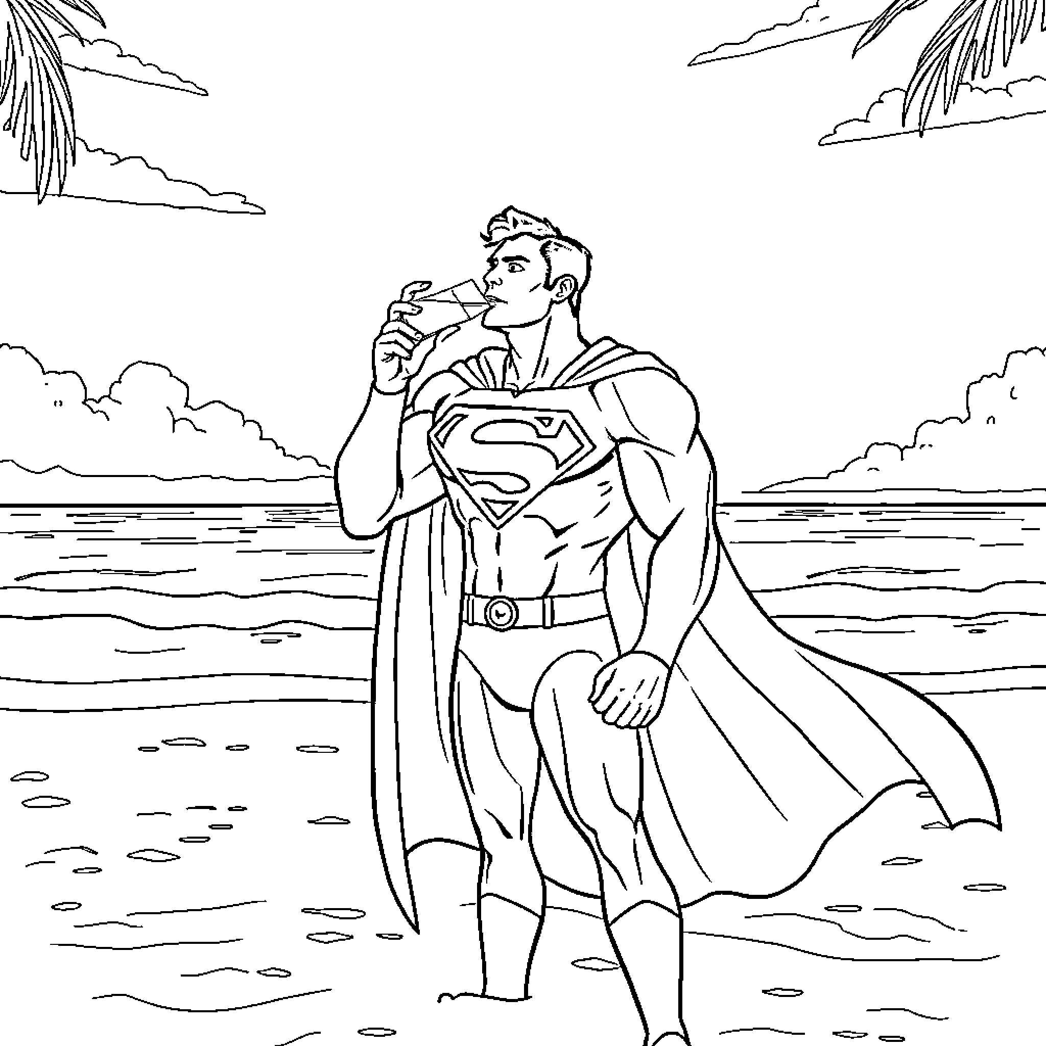 Superman standing heroically on a beach Coloring Page (free black-and-white line drawing printable PDF for all, from beginners to advanced learners, including children, teens, adults, and seniors)