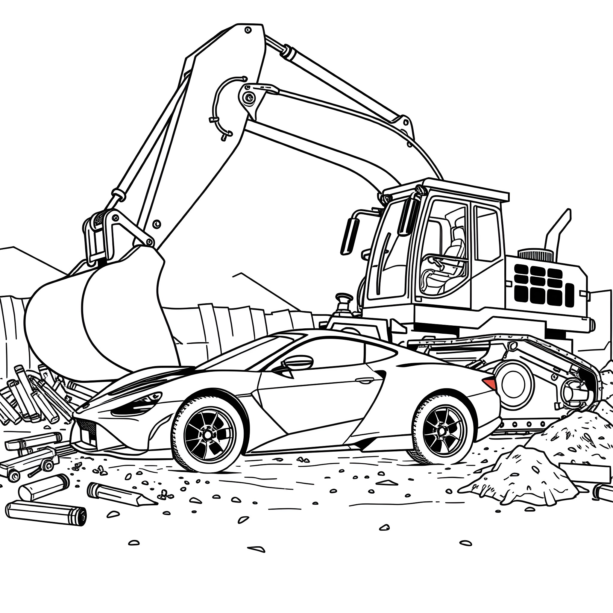 Digger at work excavating construction site Coloring Page (free black-and-white line drawing printable PDF for all, from beginners to advanced learners, including children, teens, adults, and seniors)