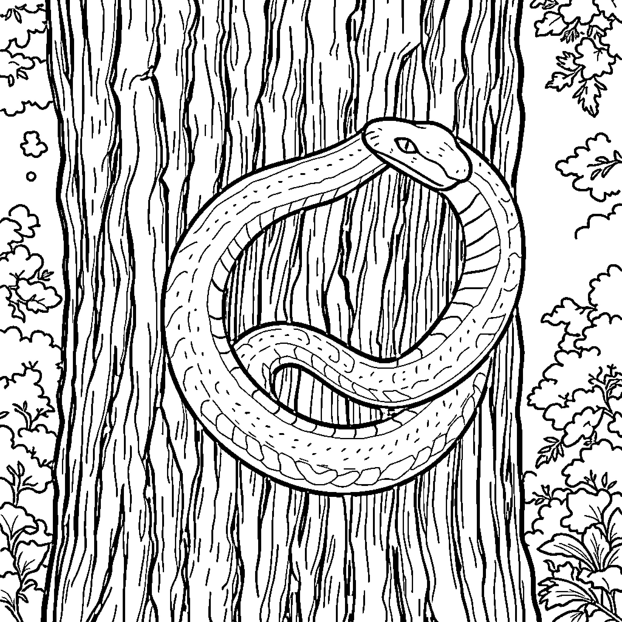 Snake coiled around tree trunk in forest Coloring Page (free black-and-white line drawing printable PDF for all, from beginners to advanced learners, including children, teens, adults, and seniors)