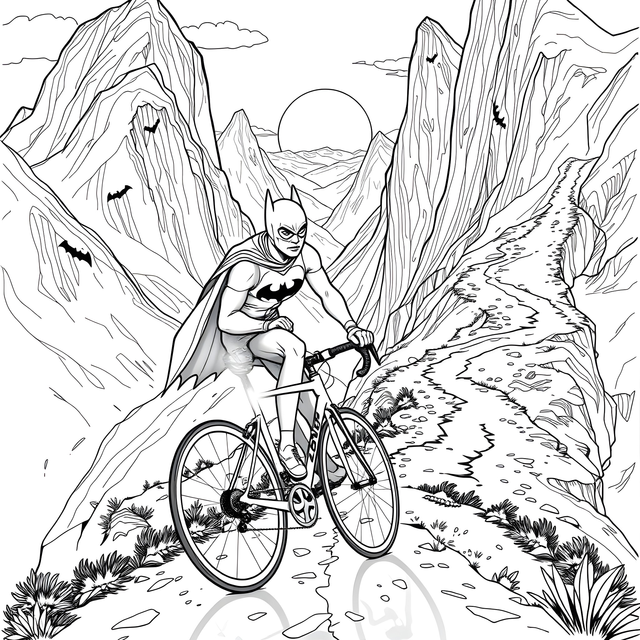 Bike riding through rugged mountain landscape Coloring Page (free black-and-white line drawing printable PDF for all, from beginners to advanced learners, including children, teens, adults, and seniors)