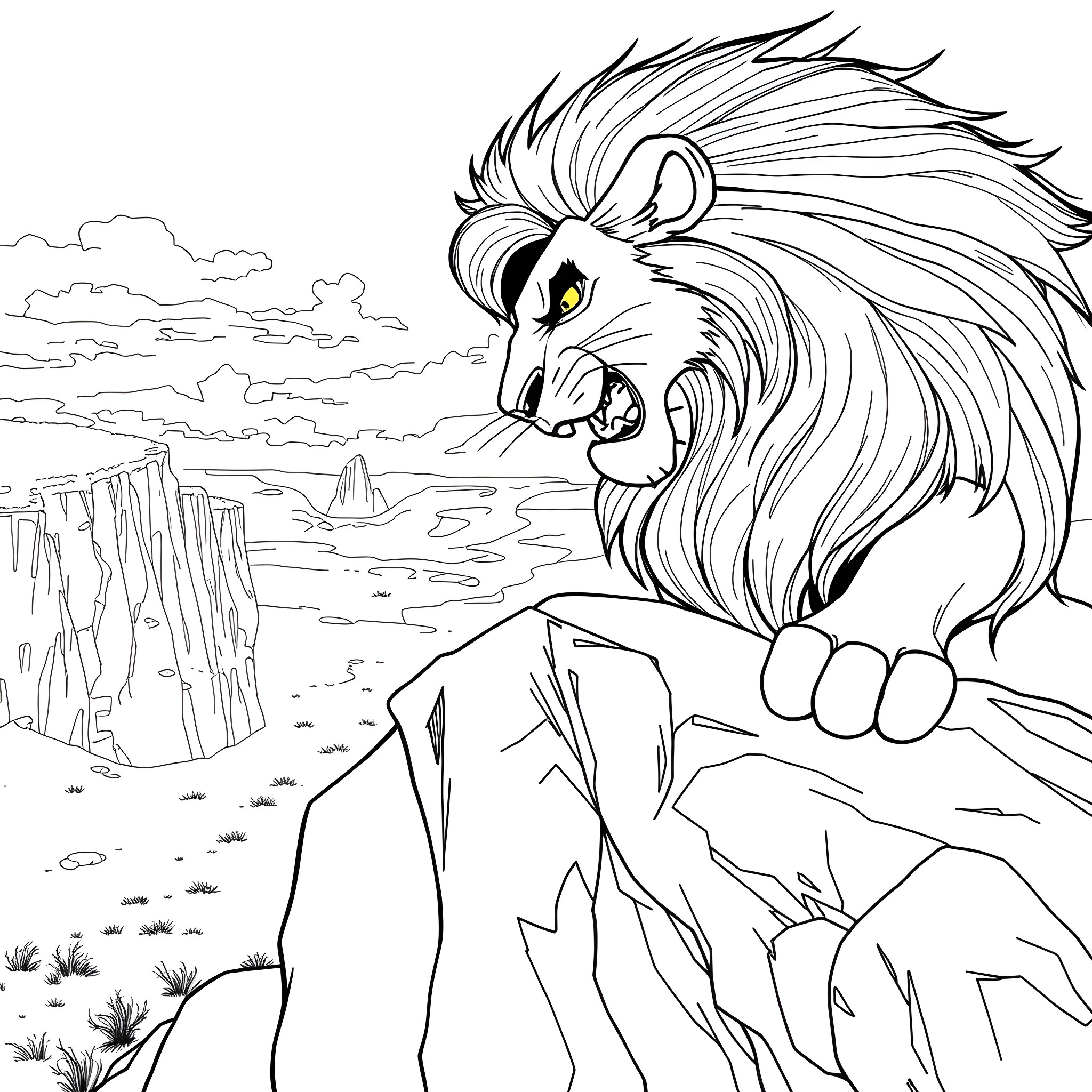 Simba, the majestic lion, stands atop a cliff overlooking the Savannah Coloring Page (free black-and-white line drawing printable PDF for all, from beginners to advanced learners, including children, teens, adults, and seniors)