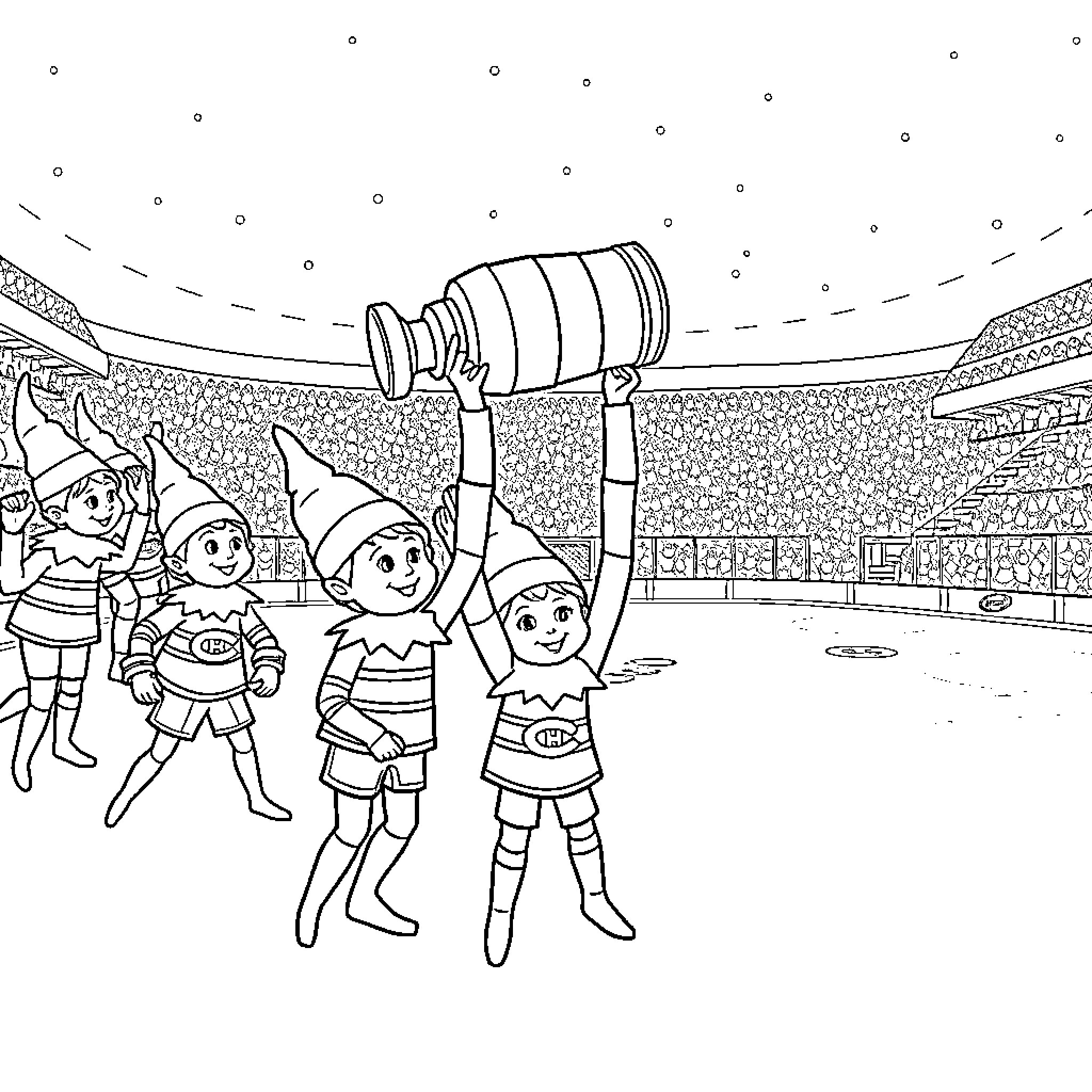 Elf Hockey Players Celebrating in the Stadium Coloring Page (free black-and-white line drawing printable PDF for all, from beginners to advanced learners, including children, teens, adults, and seniors)