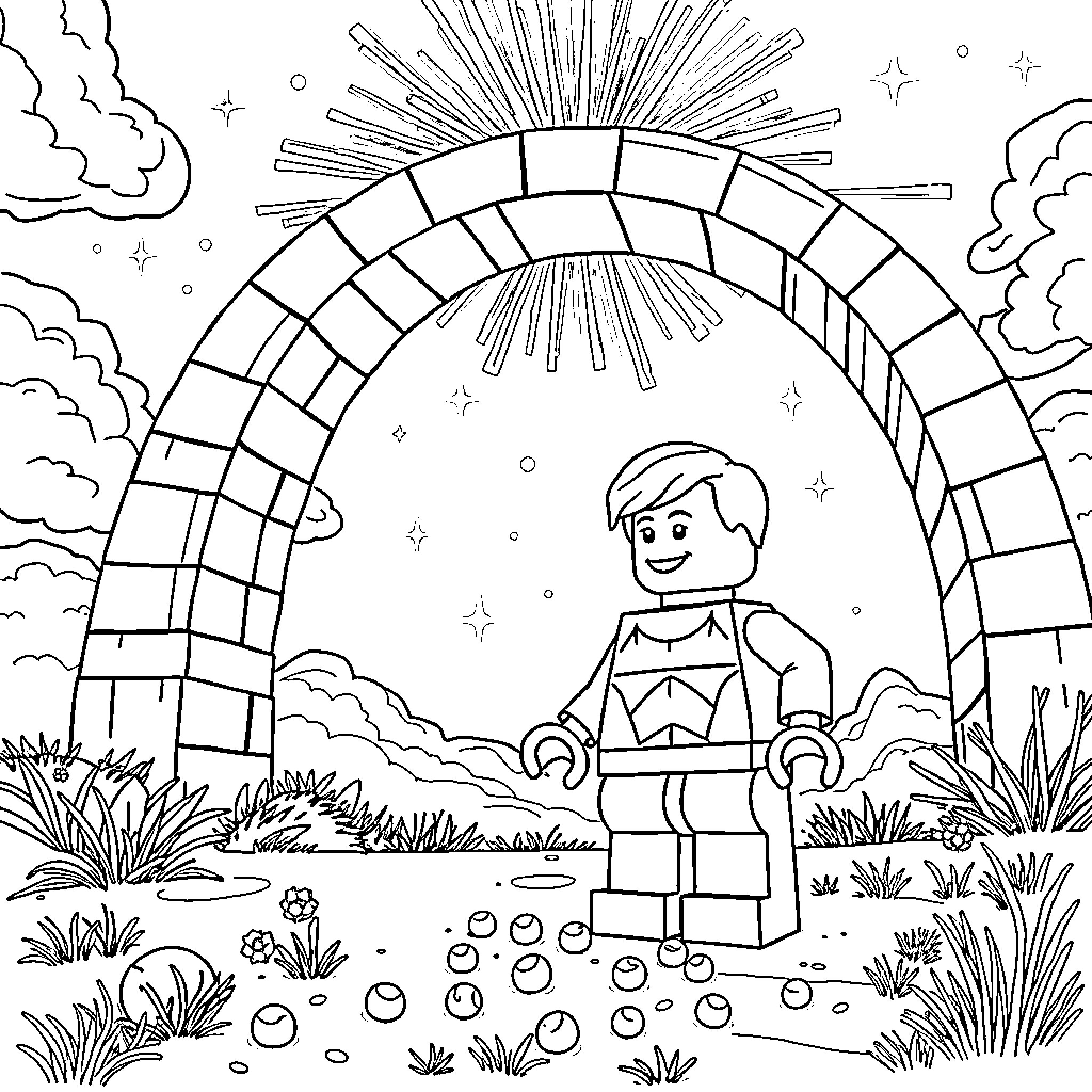 Lego figure exploring a colorful landscape Coloring Page (free black-and-white line drawing printable PDF for all, from beginners to advanced learners, including children, teens, adults, and seniors)