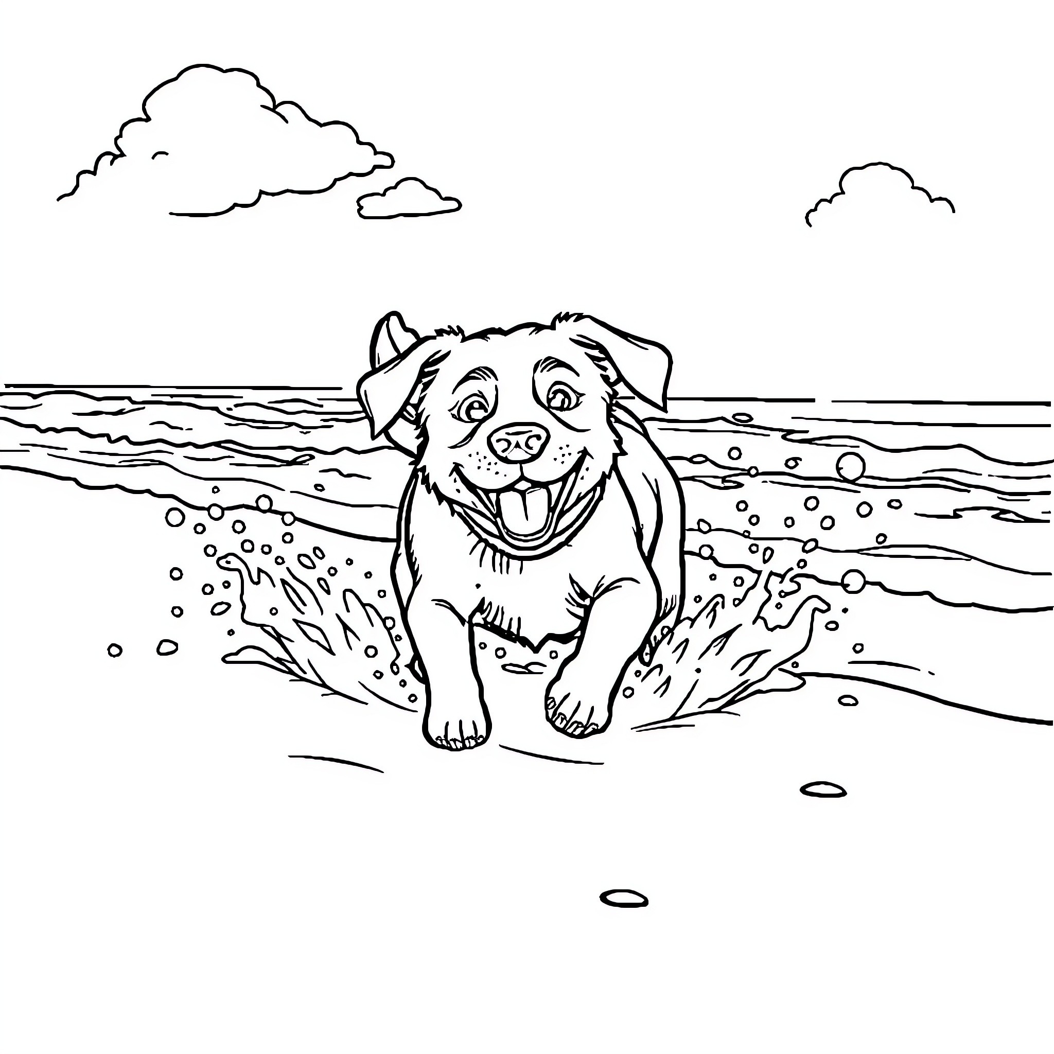 Dog playing joyfully in the waves Coloring Page (free black-and-white line drawing printable PDF for all, from beginners to advanced learners, including children, teens, adults, and seniors)