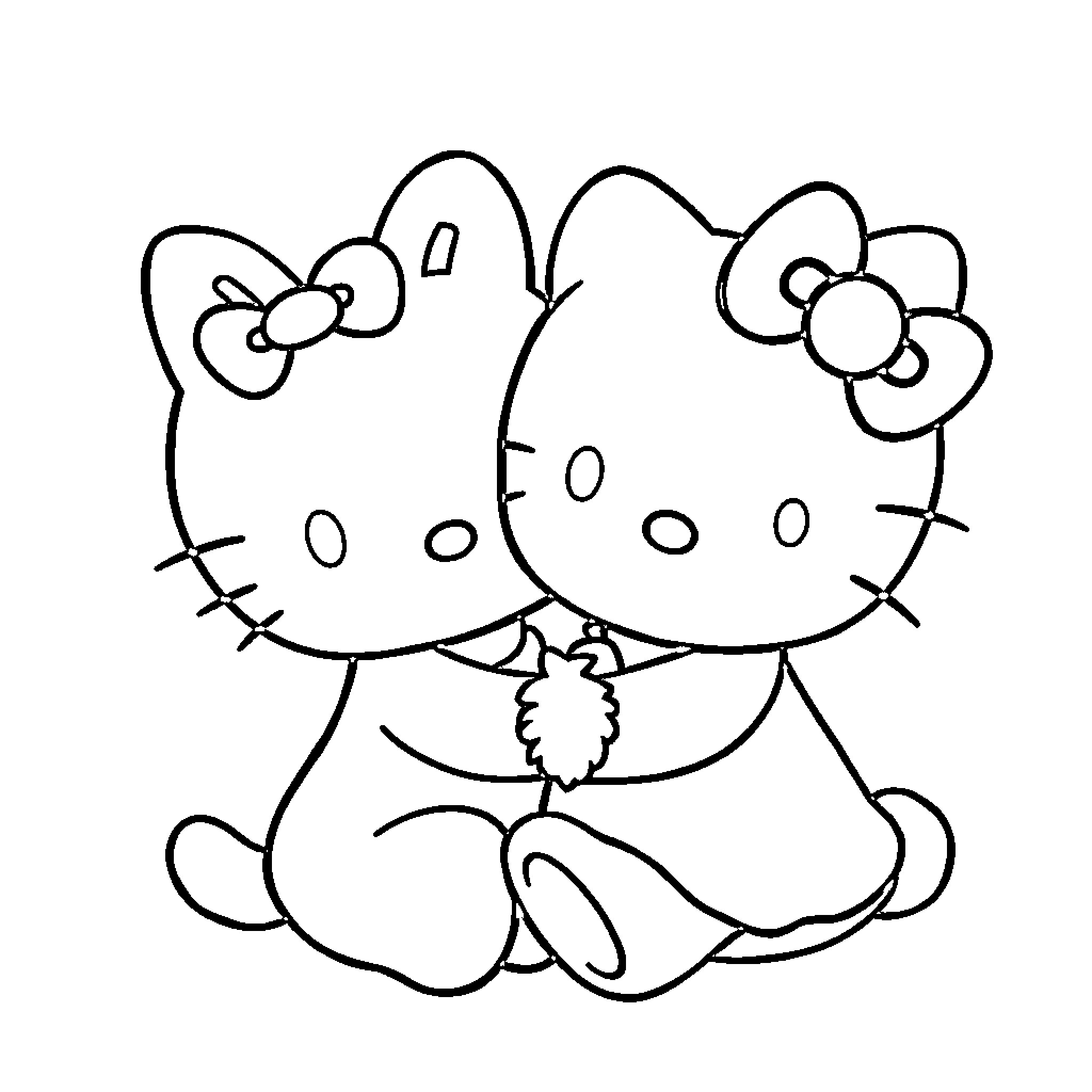 Hello Kitty Adorable Duo Coloring Page (free black-and-white line drawing printable PDF for all, from beginners to advanced learners, including children, teens, adults, and seniors)