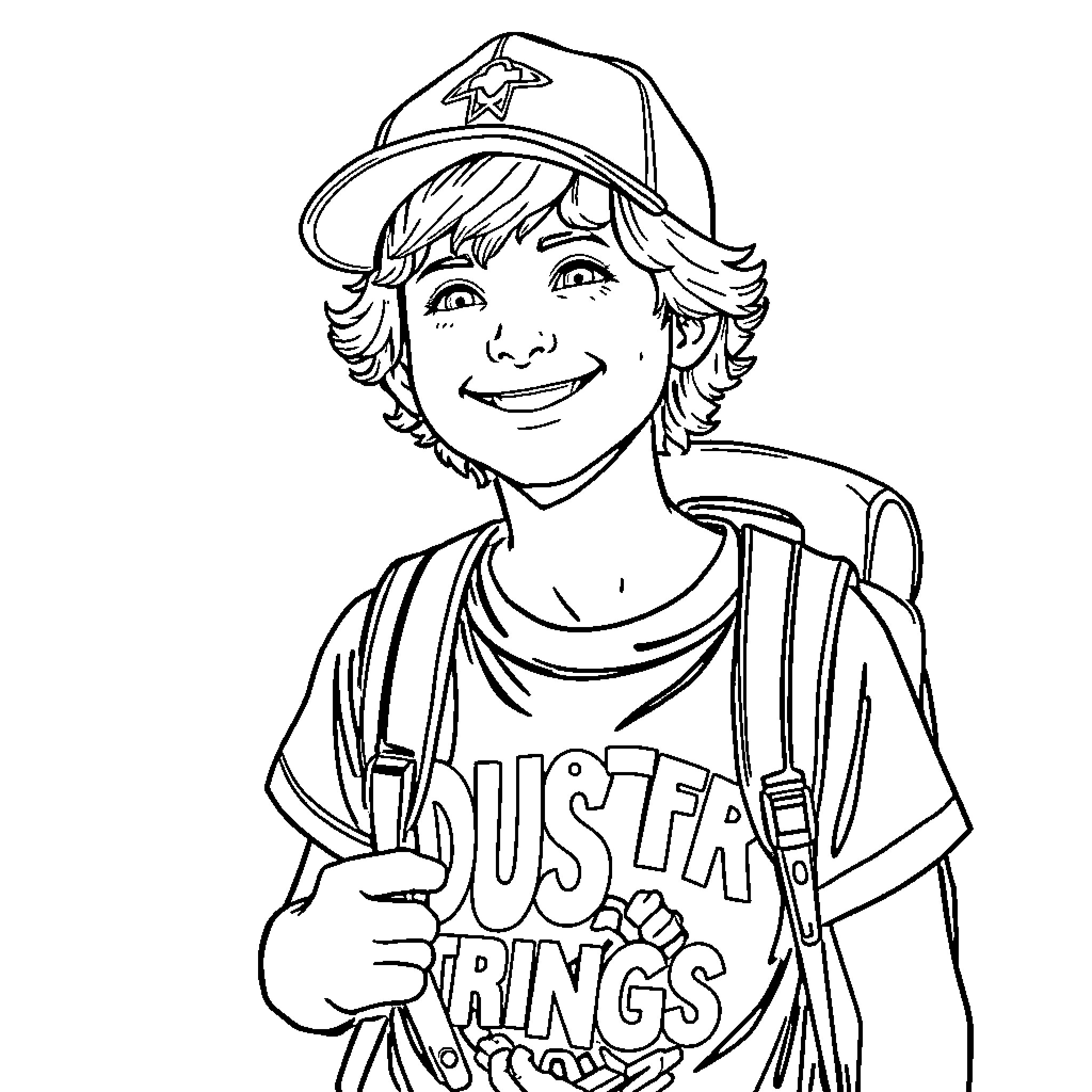 Dustin enjoying outdoor activities in casual attire Coloring Page (free black-and-white line drawing printable PDF for all, from beginners to advanced learners, including children, teens, adults, and seniors)