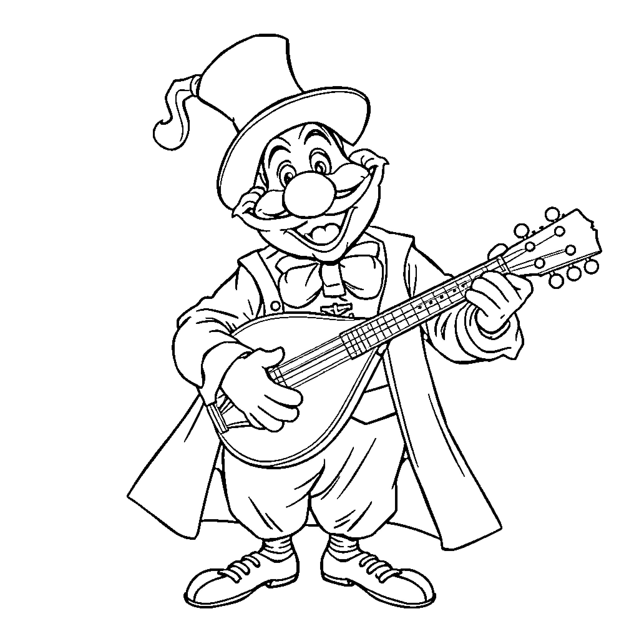Pulcinella, the Joyful Musician in Whimsical Attire Coloring Page (free black-and-white line drawing printable PDF for all, from beginners to advanced learners, including children, teens, adults, and seniors)