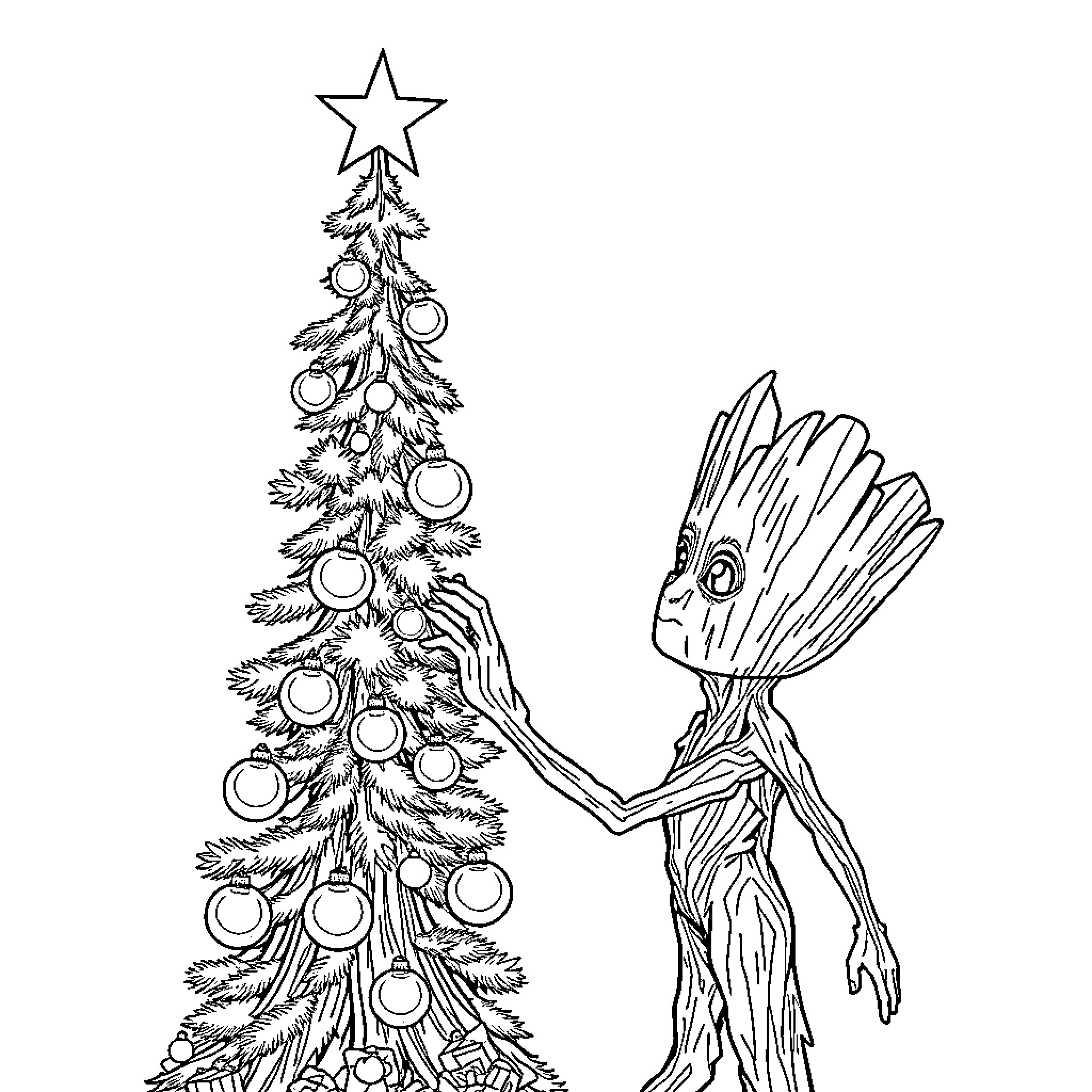 Groot decorating a festive Christmas tree Coloring Page (free black-and-white line drawing printable PDF for all, from beginners to advanced learners, including children, teens, adults, and seniors)