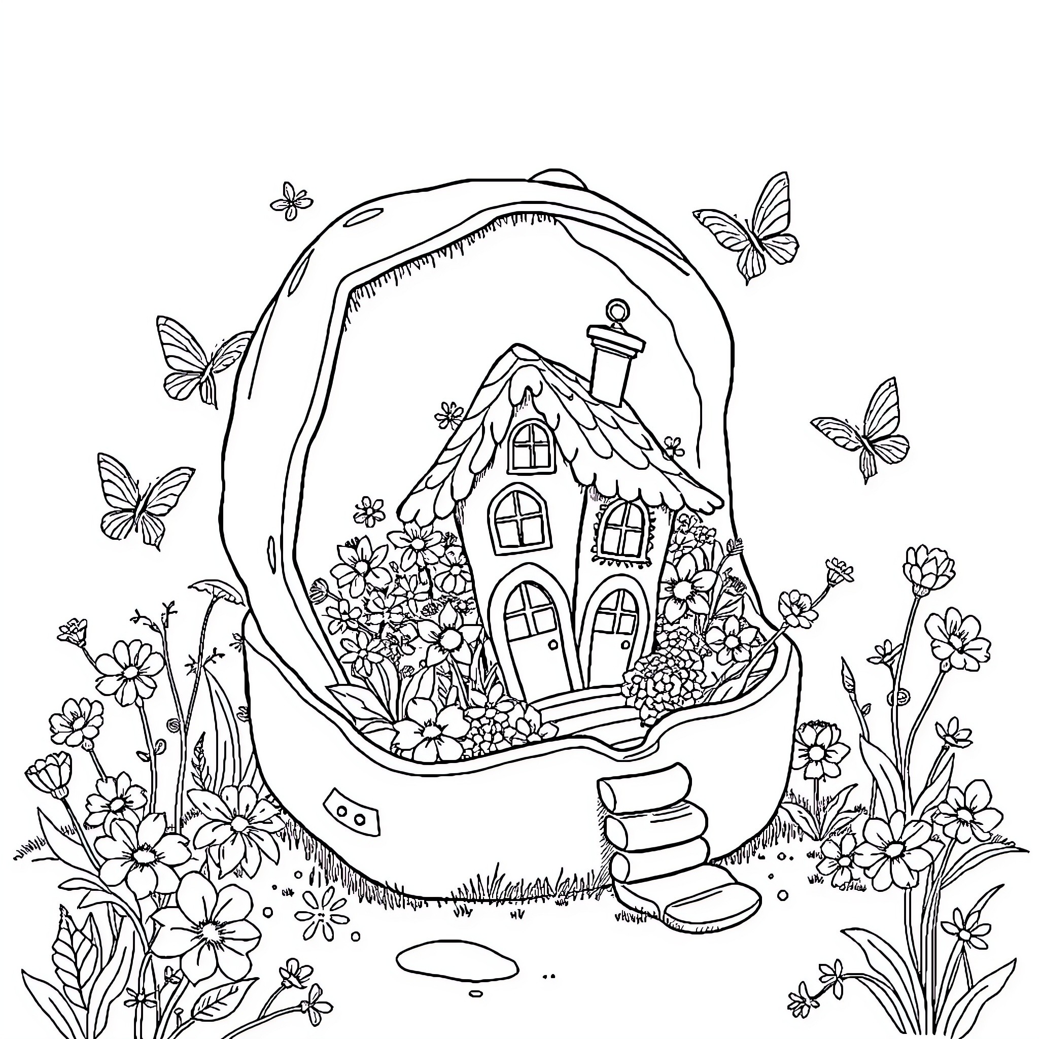 House surrounded by whimsical flowers and butterflies Coloring Page (free black-and-white line drawing printable PDF for all, from beginners to advanced learners, including children, teens, adults, and seniors)