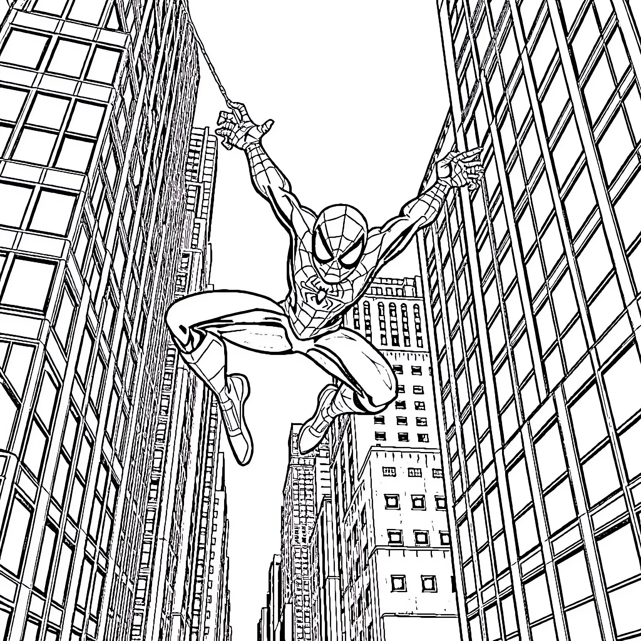 Spider-Man swinging through the city skyline Coloring Page (free black-and-white line drawing printable PDF for all, from beginners to advanced learners, including children, teens, adults, and seniors)