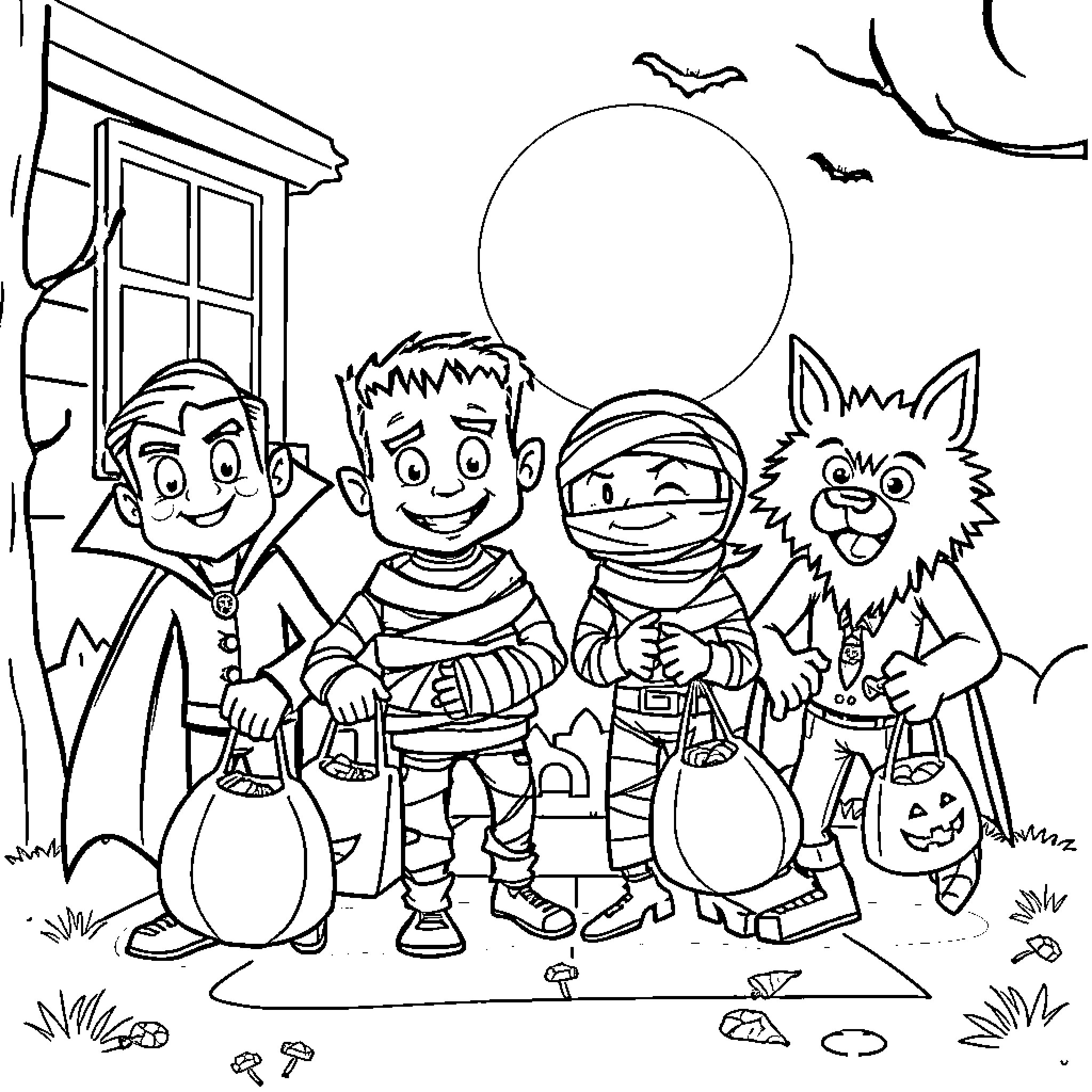 Halloween trick-or-treating with costumed friends Coloring Page (free black-and-white line drawing printable PDF for all, from beginners to advanced learners, including children, teens, adults, and seniors)