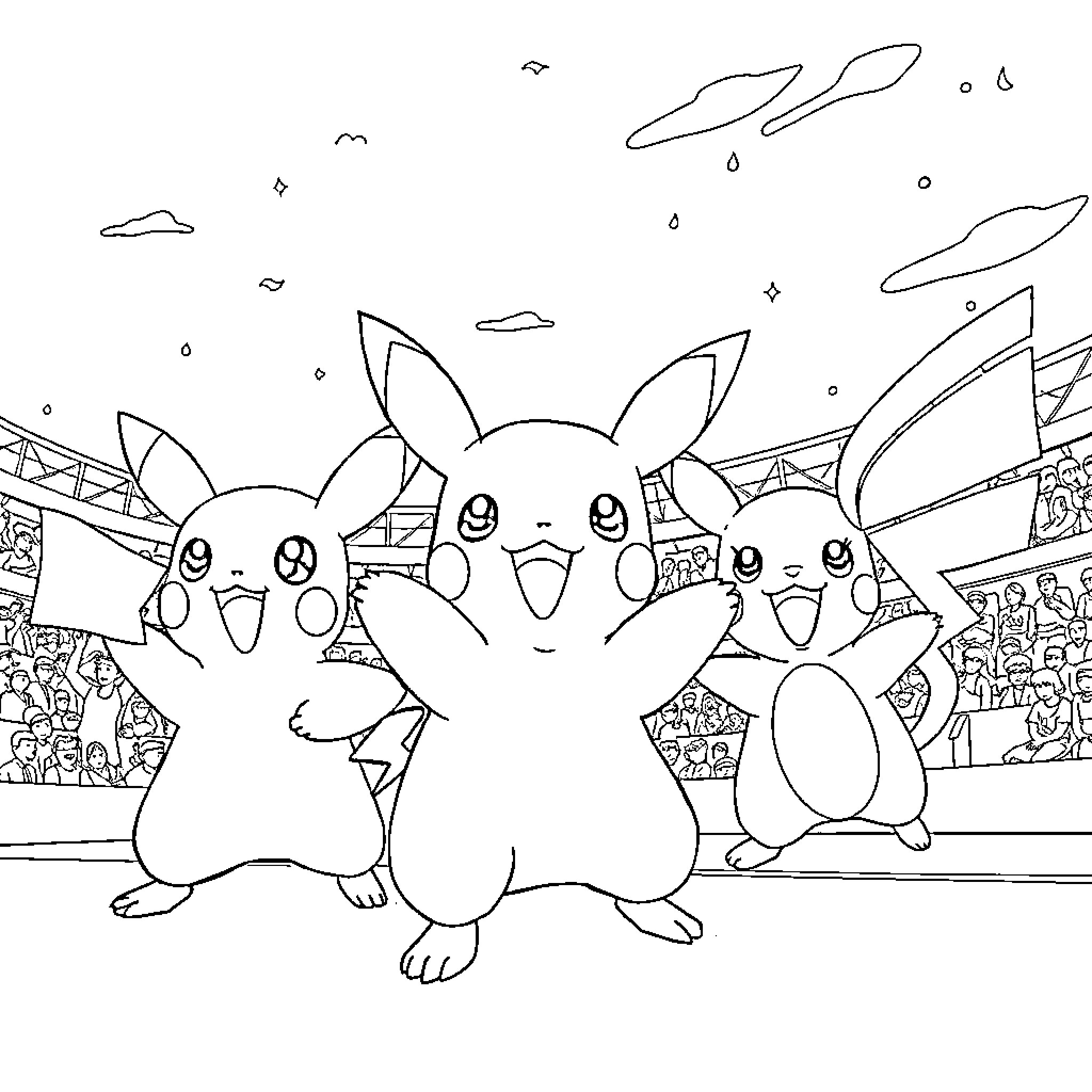 Pokémon characters having a joyful gathering Coloring Page (free black-and-white line drawing printable PDF for all, from beginners to advanced learners, including children, teens, adults, and seniors)