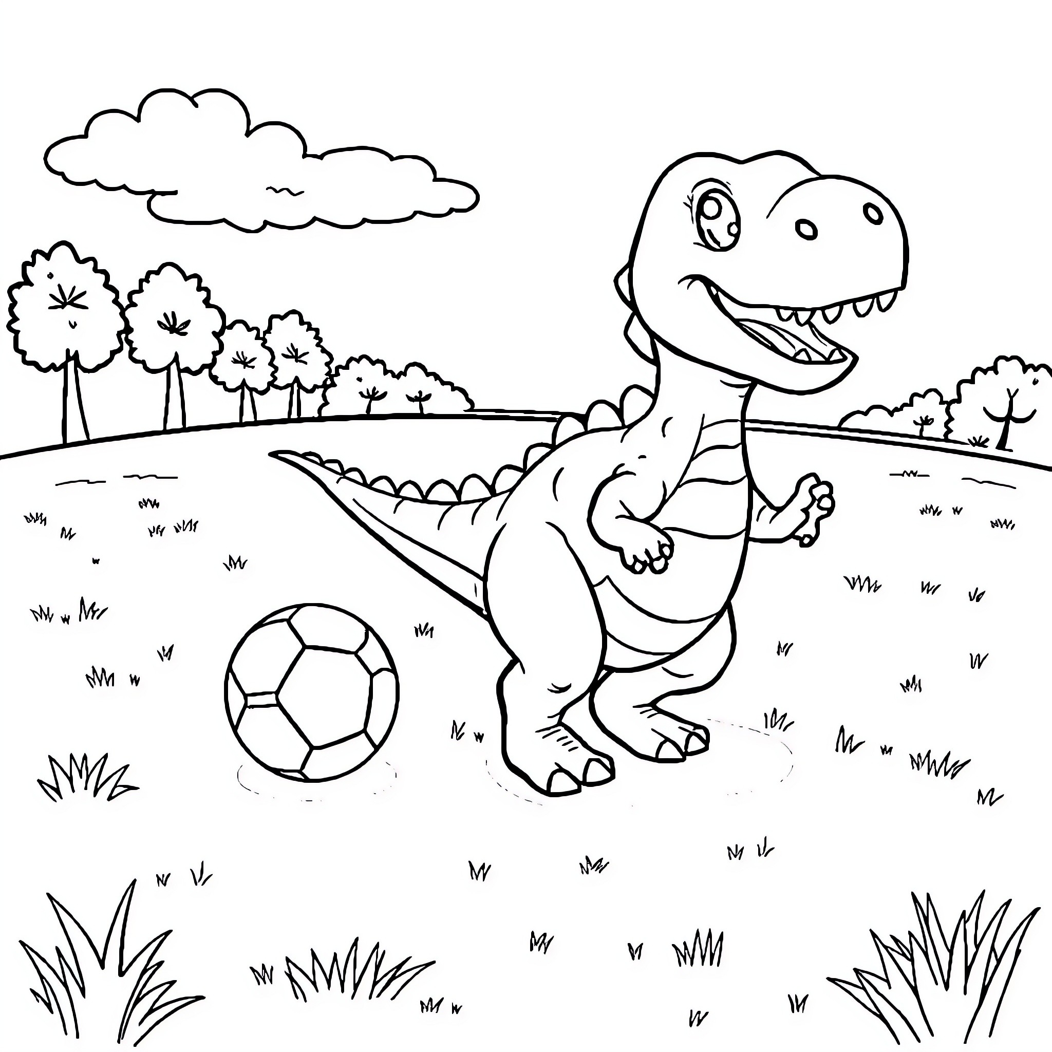 Dinosaur playing with soccer ball in grassy field Coloring Page (free black-and-white line drawing printable PDF for all, from beginners to advanced learners, including children, teens, adults, and seniors)