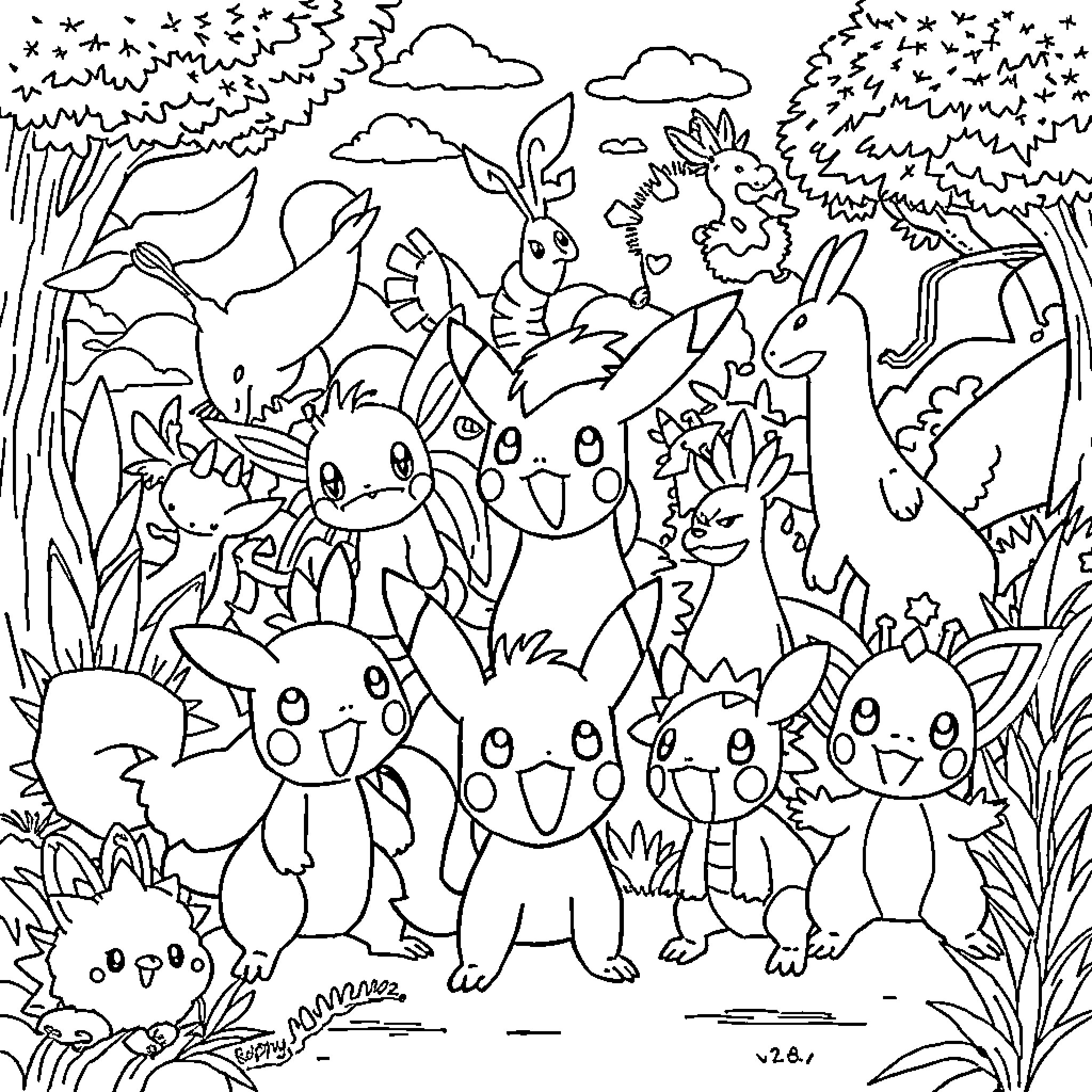 Pokémon characters exploring the forest landscape Coloring Page (free black-and-white line drawing printable PDF for all, from beginners to advanced learners, including children, teens, adults, and seniors)