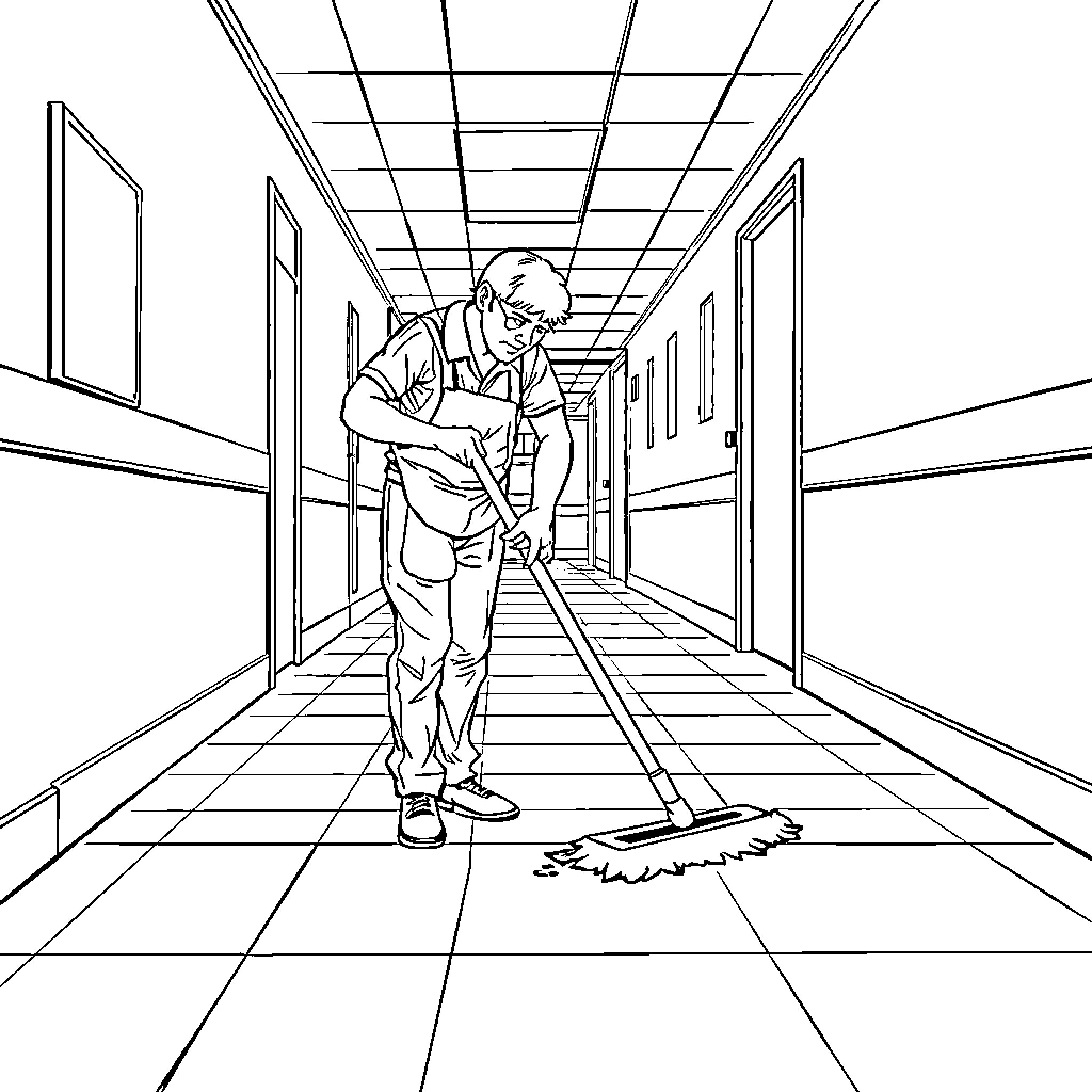 Custodian mopping the hospital hallway Coloring Page (free black-and-white line drawing printable PDF for all, from beginners to advanced learners, including children, teens, adults, and seniors)