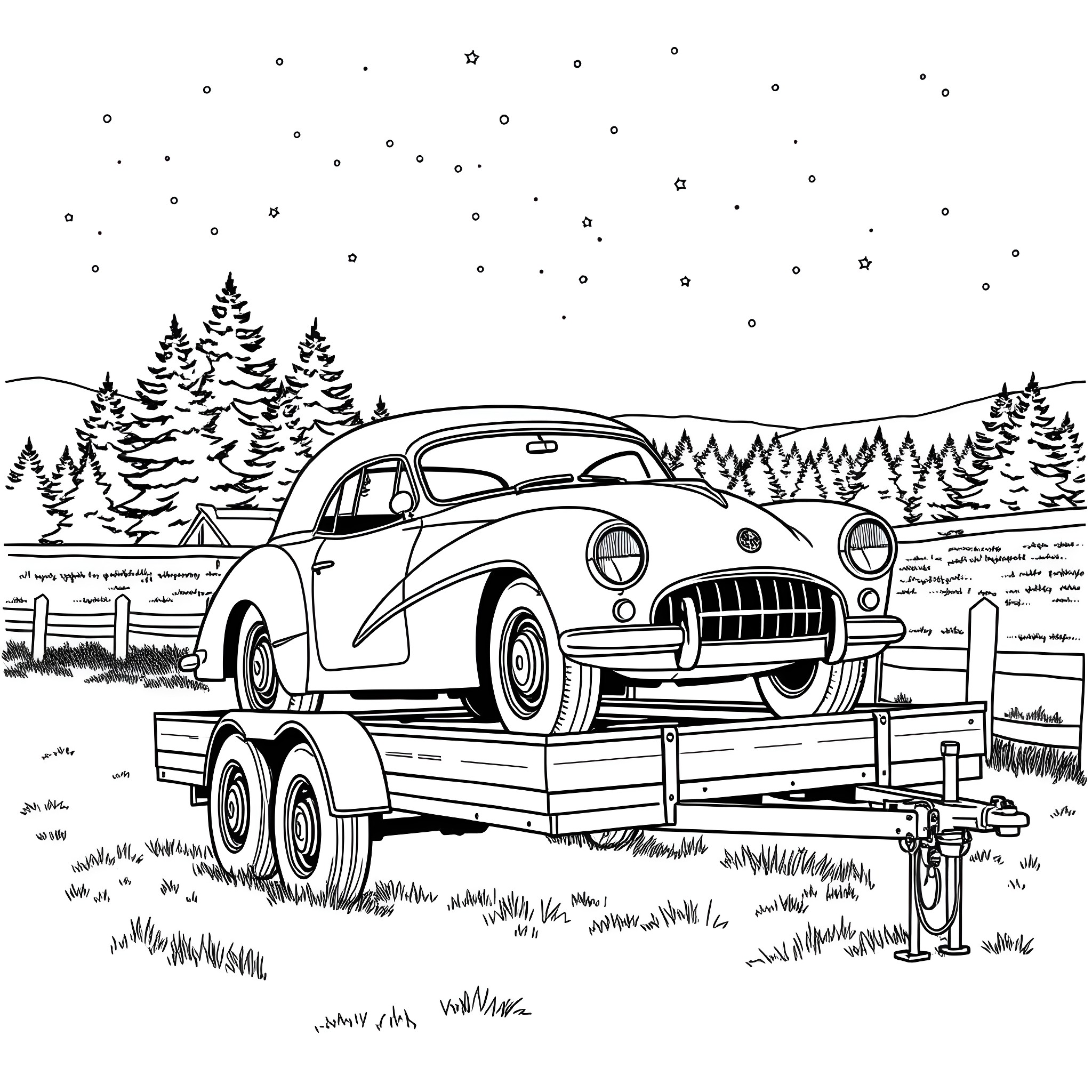 Car transported on trailer in snowy winter landscape Coloring Page (free black-and-white line drawing printable PDF for all, from beginners to advanced learners, including children, teens, adults, and seniors)
