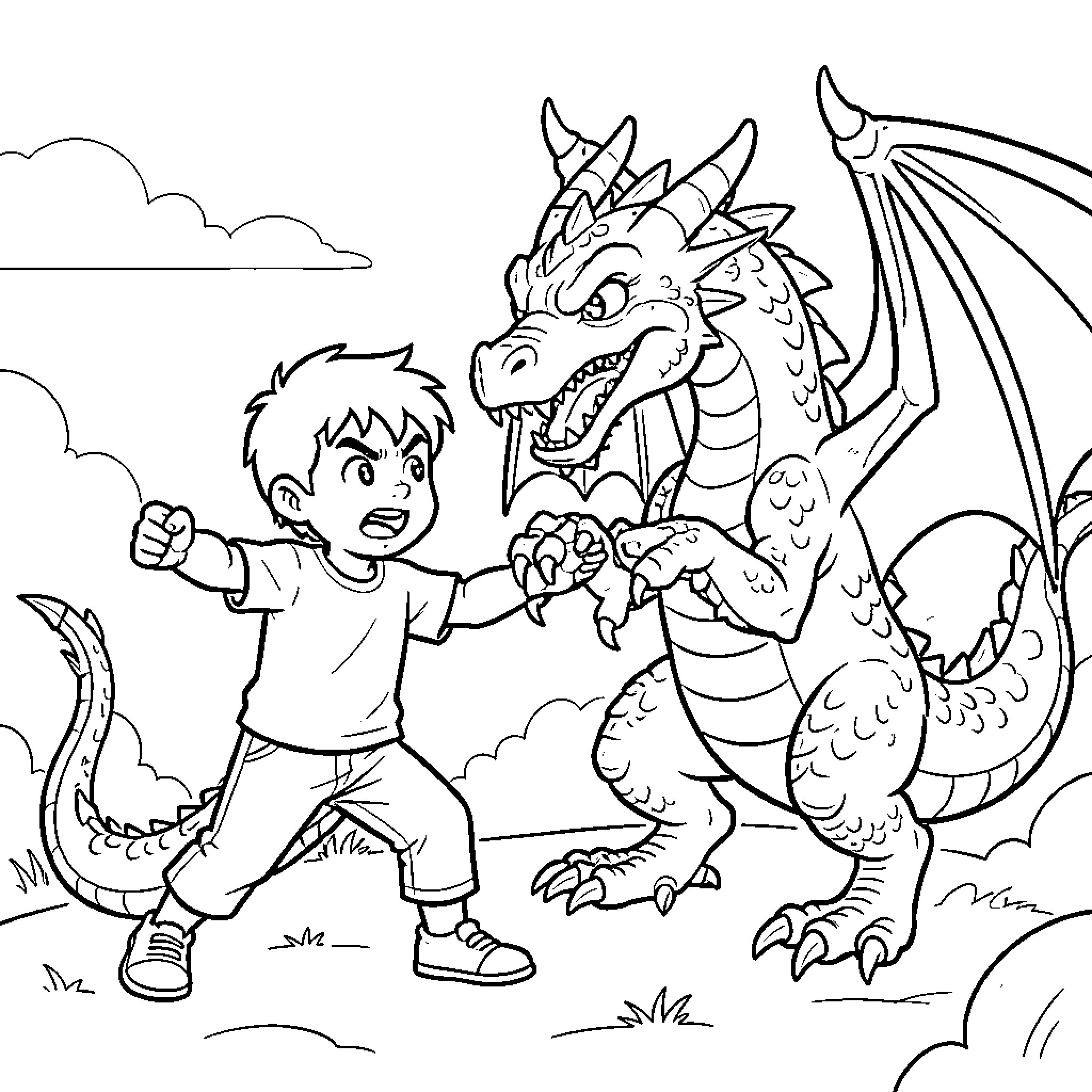 Boy Confronting Fearsome Dragon in Outdoor Scene Coloring Page (free black-and-white line drawing printable PDF for all, from beginners to advanced learners, including children, teens, adults, and seniors)