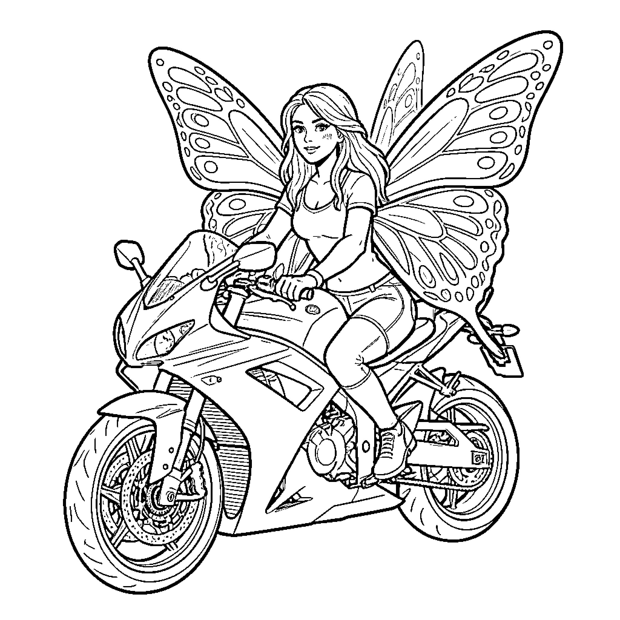 Motorcyclist with butterfly wings riding a motorcycle Coloring Page (free black-and-white line drawing printable PDF for all, from beginners to advanced learners, including children, teens, adults, and seniors)