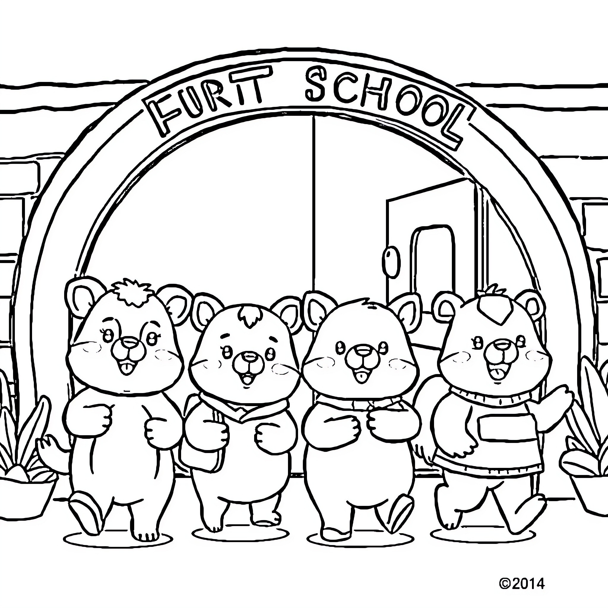 Chibi Animal Friends at the School Gate Coloring Page (free black-and-white line drawing printable PDF for all, from beginners to advanced learners, including children, teens, adults, and seniors)