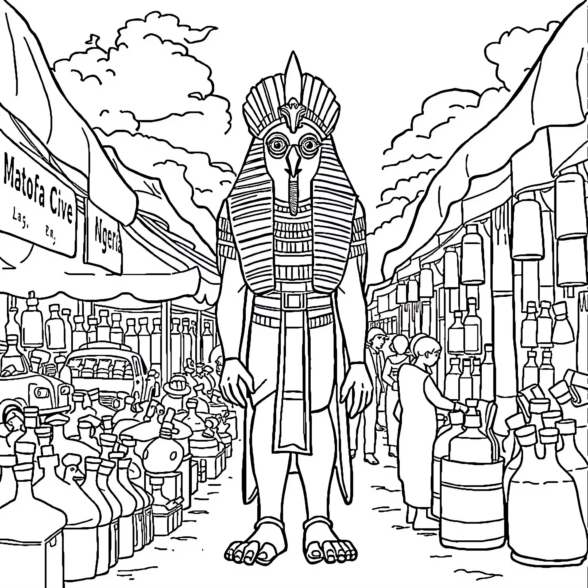 Horus Presiding Over a Bustling Marketplace Coloring Page (free black-and-white line drawing printable PDF for all, from beginners to advanced learners, including children, teens, adults, and seniors)