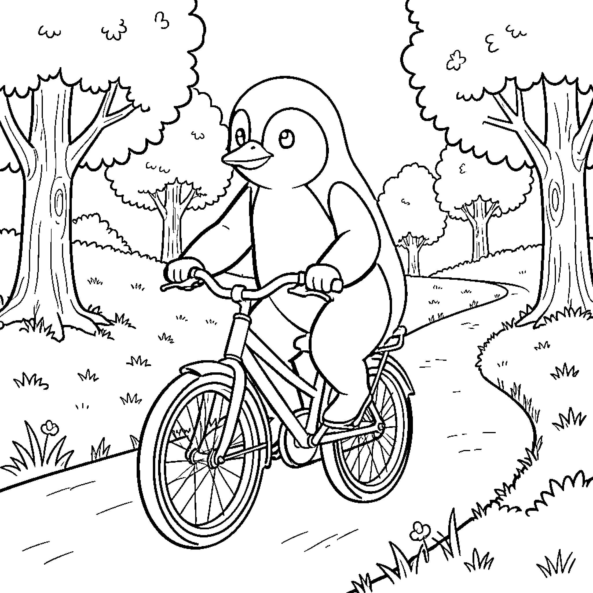 Penguin riding a bicycle along a forest path Coloring Page (free black-and-white line drawing printable PDF for all, from beginners to advanced learners, including children, teens, adults, and seniors)