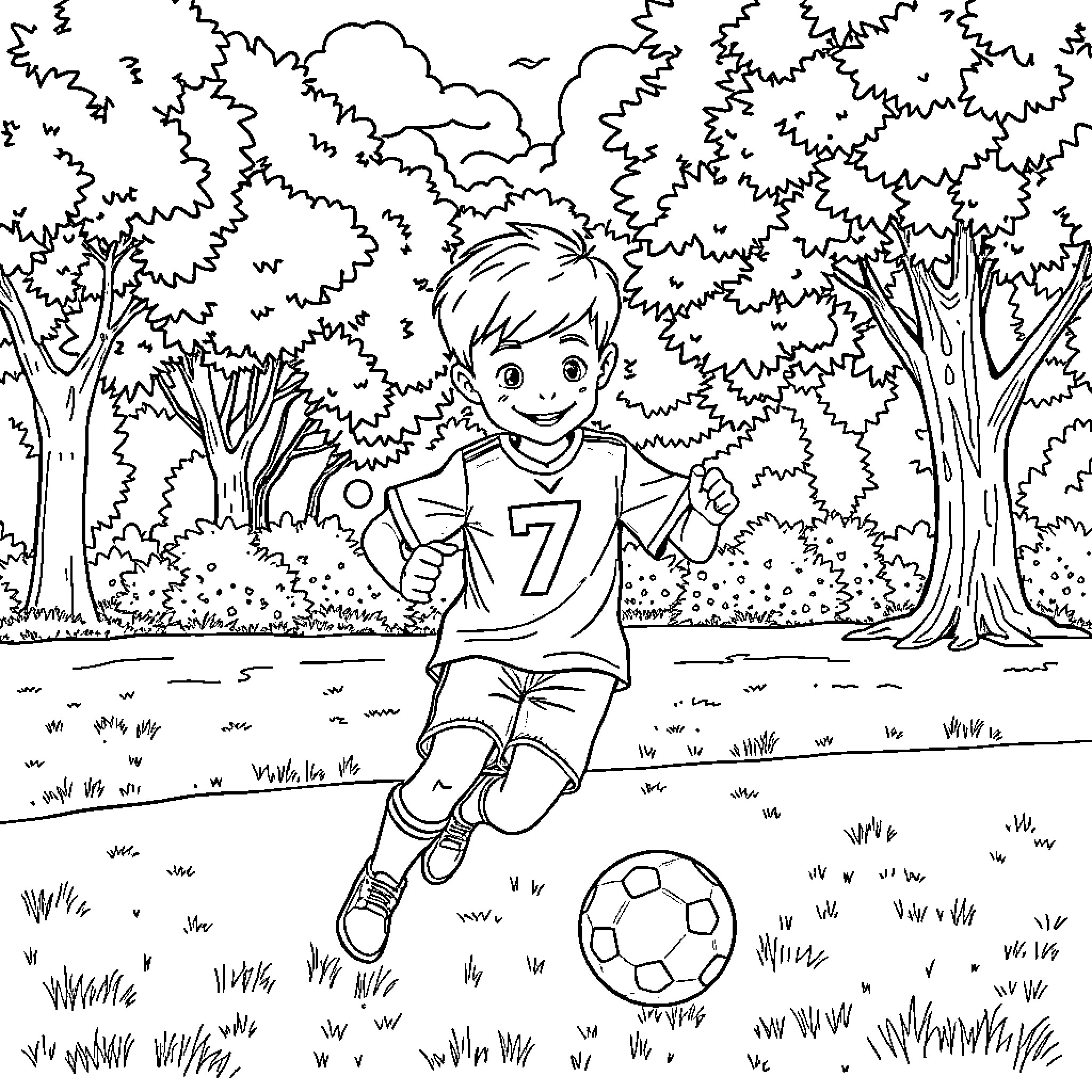 Boy playing soccer joyfully in the park Coloring Page (free black-and-white line drawing printable PDF for all, from beginners to advanced learners, including children, teens, adults, and seniors)