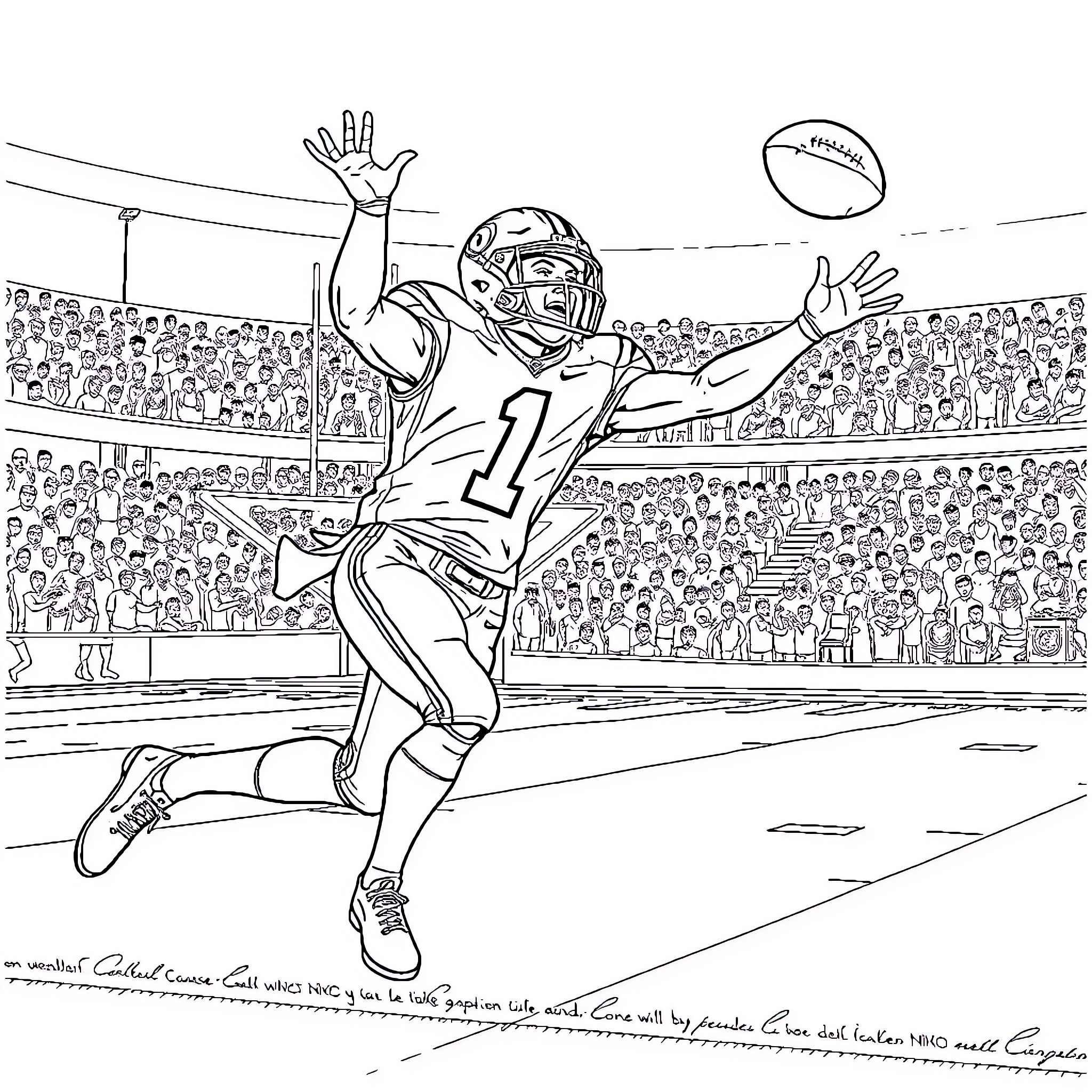 Ja'Marr Chase making a touchdown catch in the big game Coloring Page (free black-and-white line drawing printable PDF for all, from beginners to advanced learners, including children, teens, adults, and seniors)