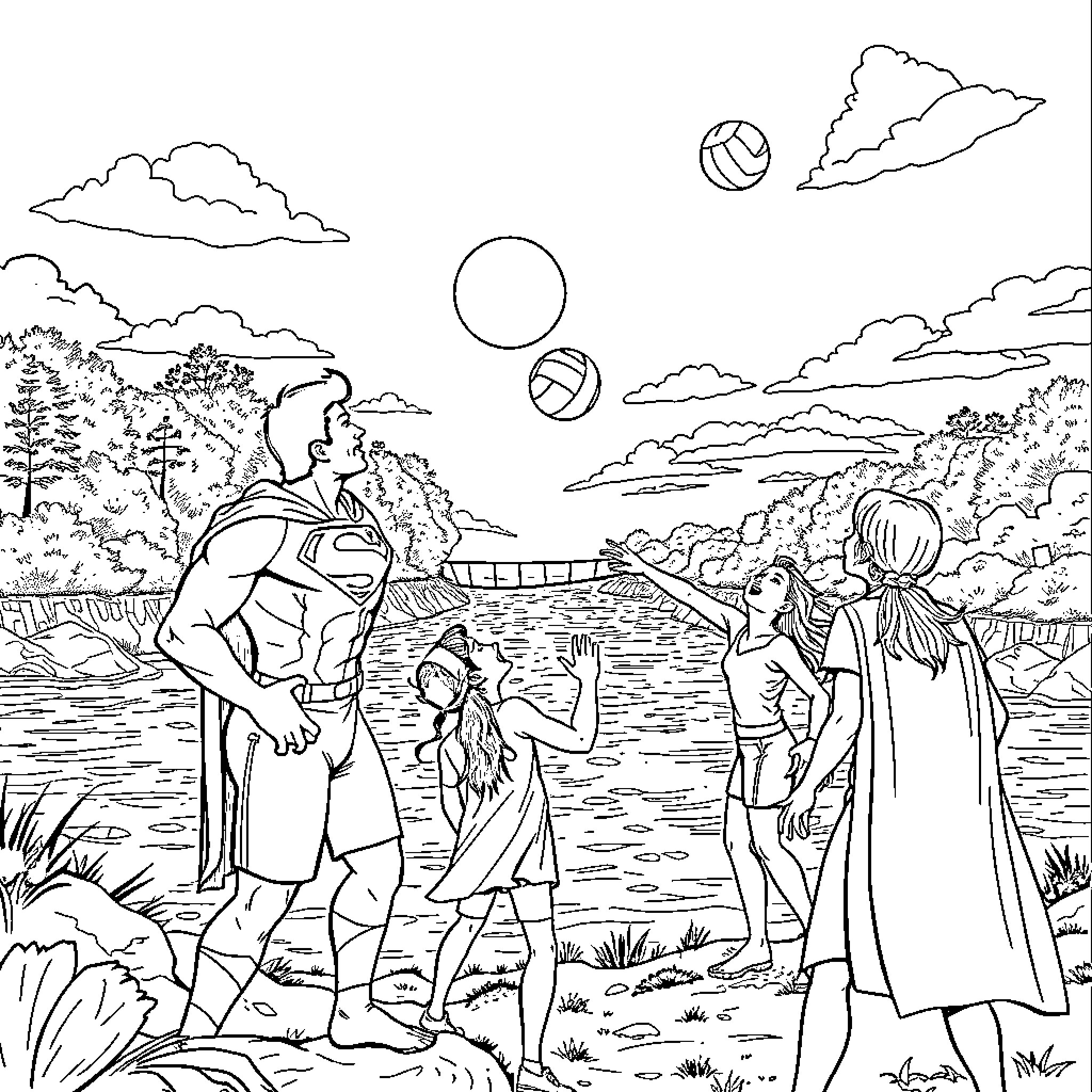 Superman helping people in nature Coloring Page (free black-and-white line drawing printable PDF for all, from beginners to advanced learners, including children, teens, adults, and seniors)