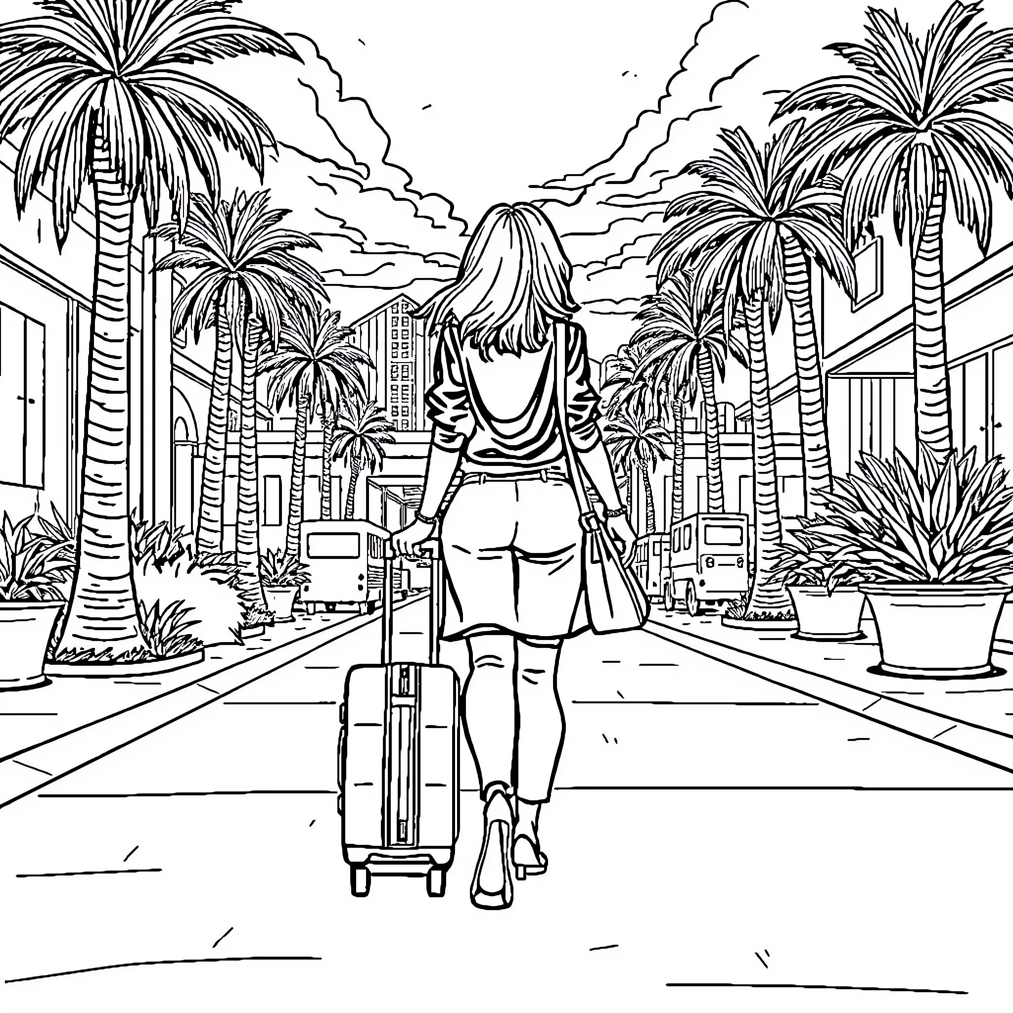 Woman walking with luggage through tropical city Coloring Page (free black-and-white line drawing printable PDF for all, from beginners to advanced learners, including children, teens, adults, and seniors)