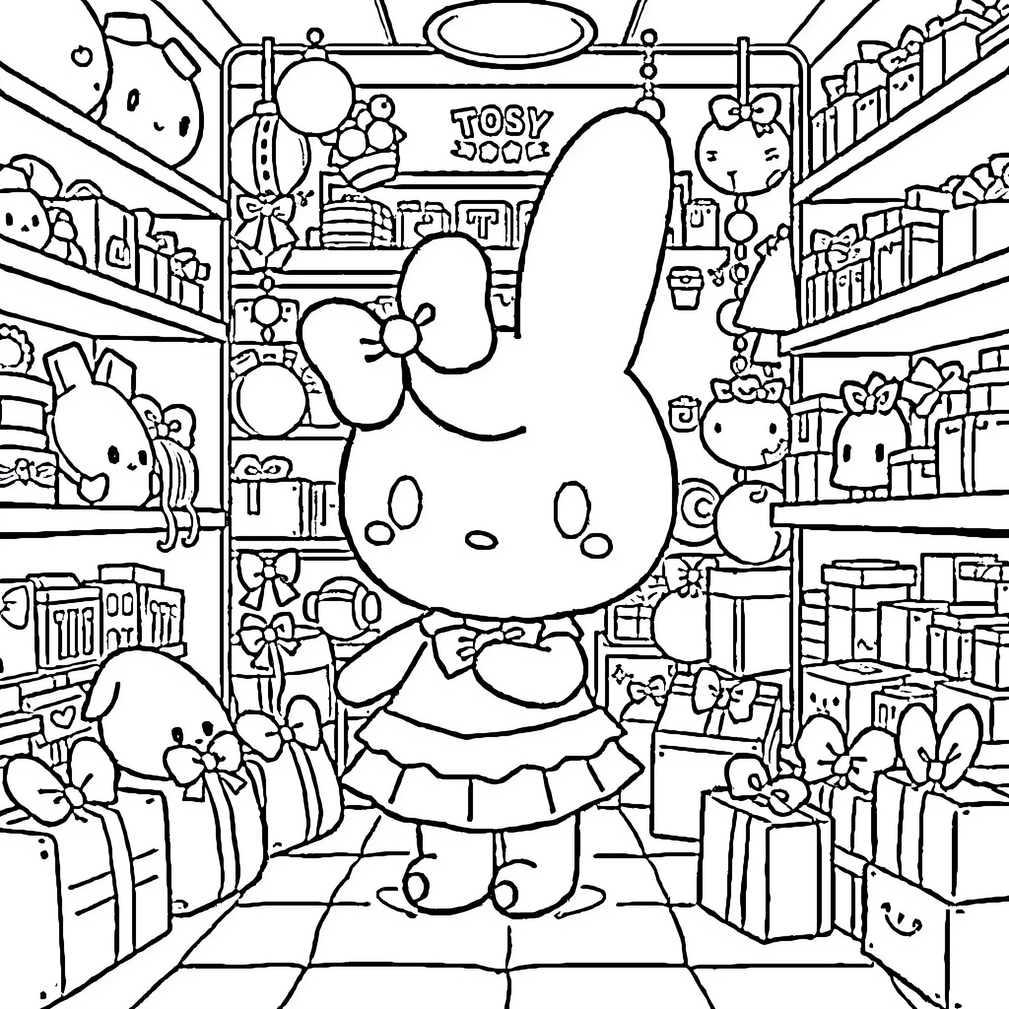 My Melody's Shopping Adventure Coloring Page (free black-and-white line drawing printable PDF for all, from beginners to advanced learners, including children, teens, adults, and seniors)