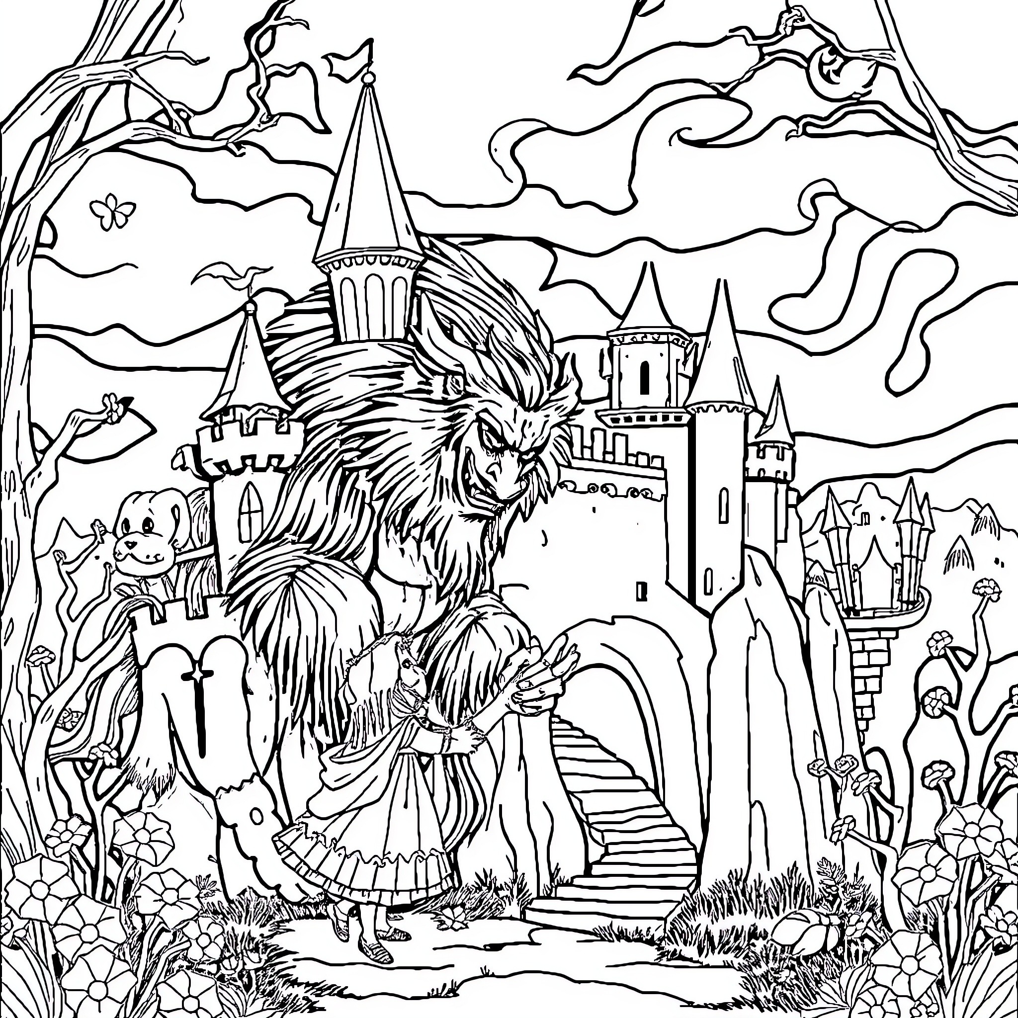 Beast exploring the enchanted castle landscape Coloring Page (free black-and-white line drawing printable PDF for all, from beginners to advanced learners, including children, teens, adults, and seniors)