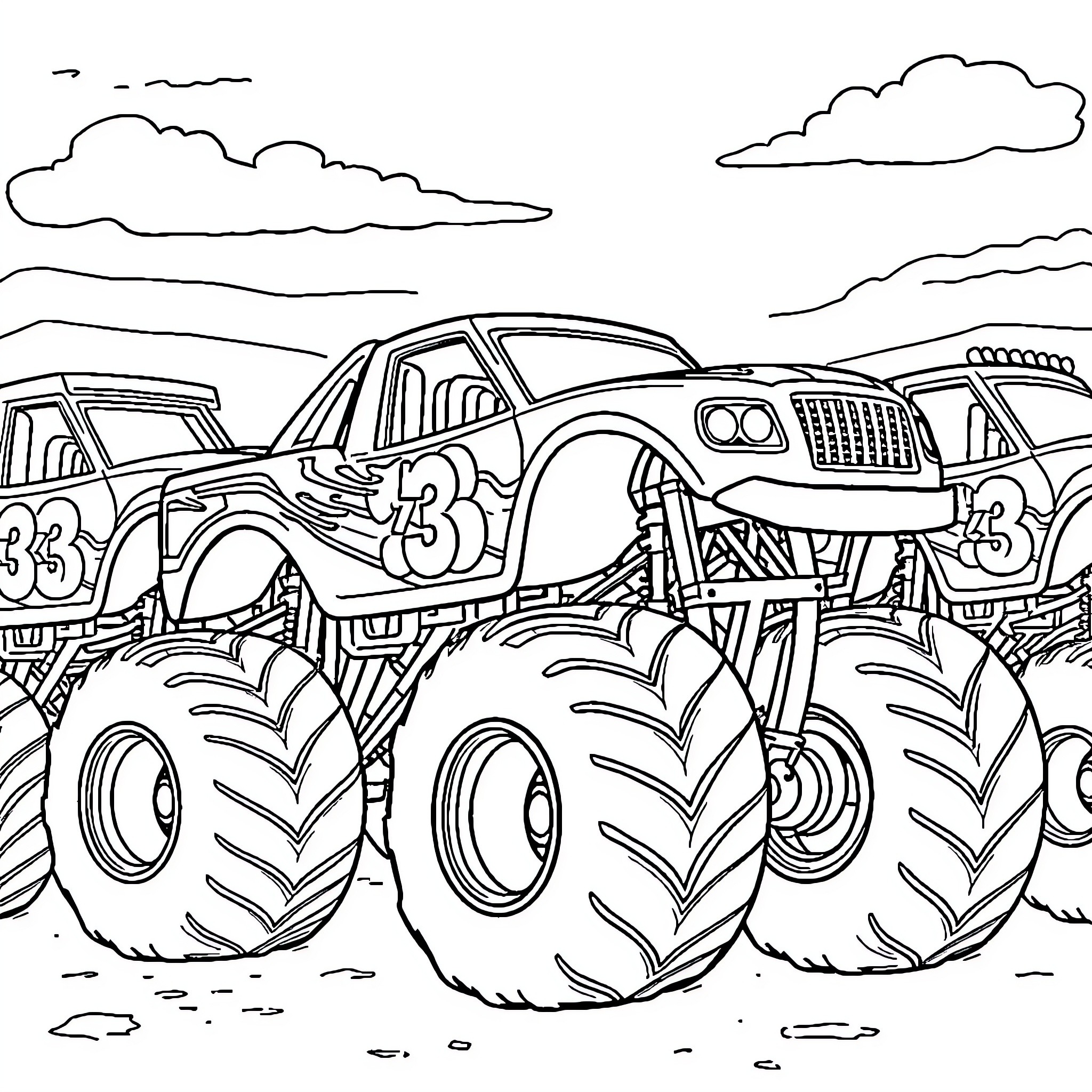 Monster Trucks Competing in a Race Coloring Page (free black-and-white line drawing printable PDF for all, from beginners to advanced learners, including children, teens, adults, and seniors)