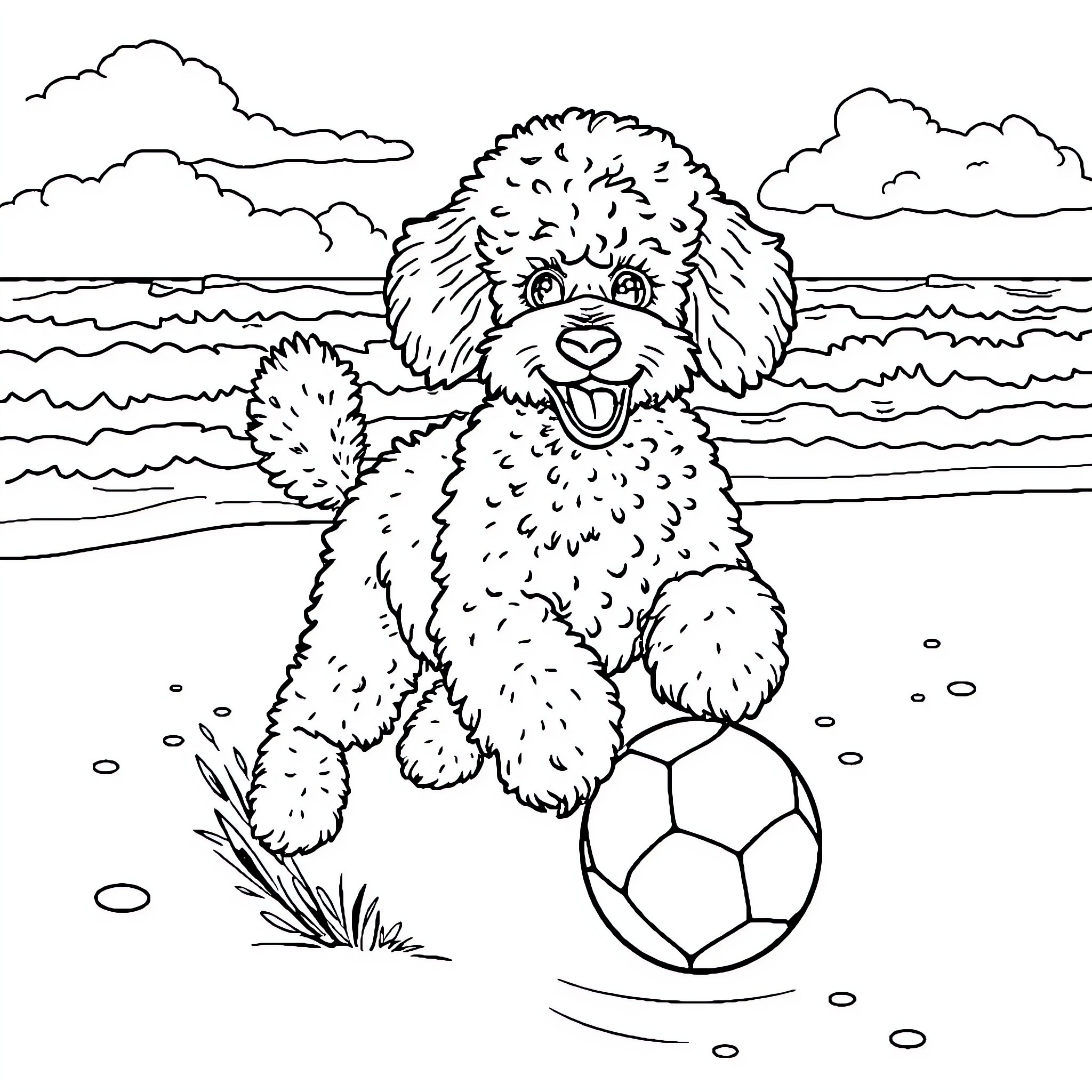 Poodle playing with soccer ball on the beach Coloring Page (free black-and-white line drawing printable PDF for all, from beginners to advanced learners, including children, teens, adults, and seniors)