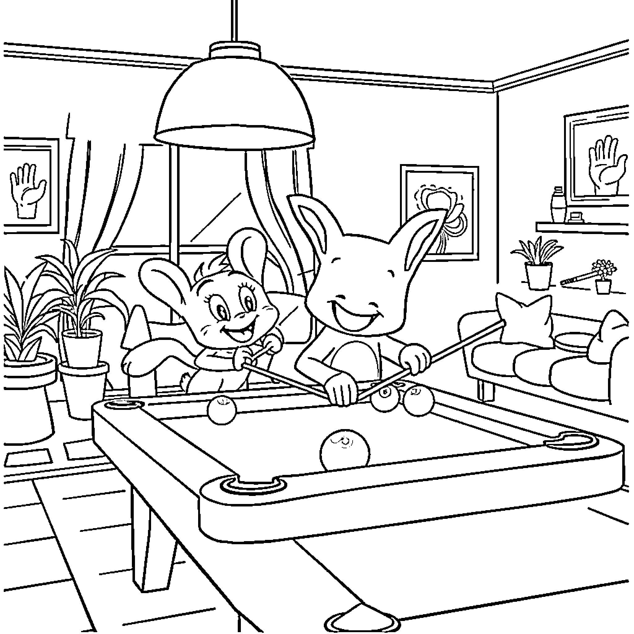 Bluey and Bingo playing pool in a cozy indoor setting Coloring Page (free black-and-white line drawing printable PDF for all, from beginners to advanced learners, including children, teens, adults, and seniors)