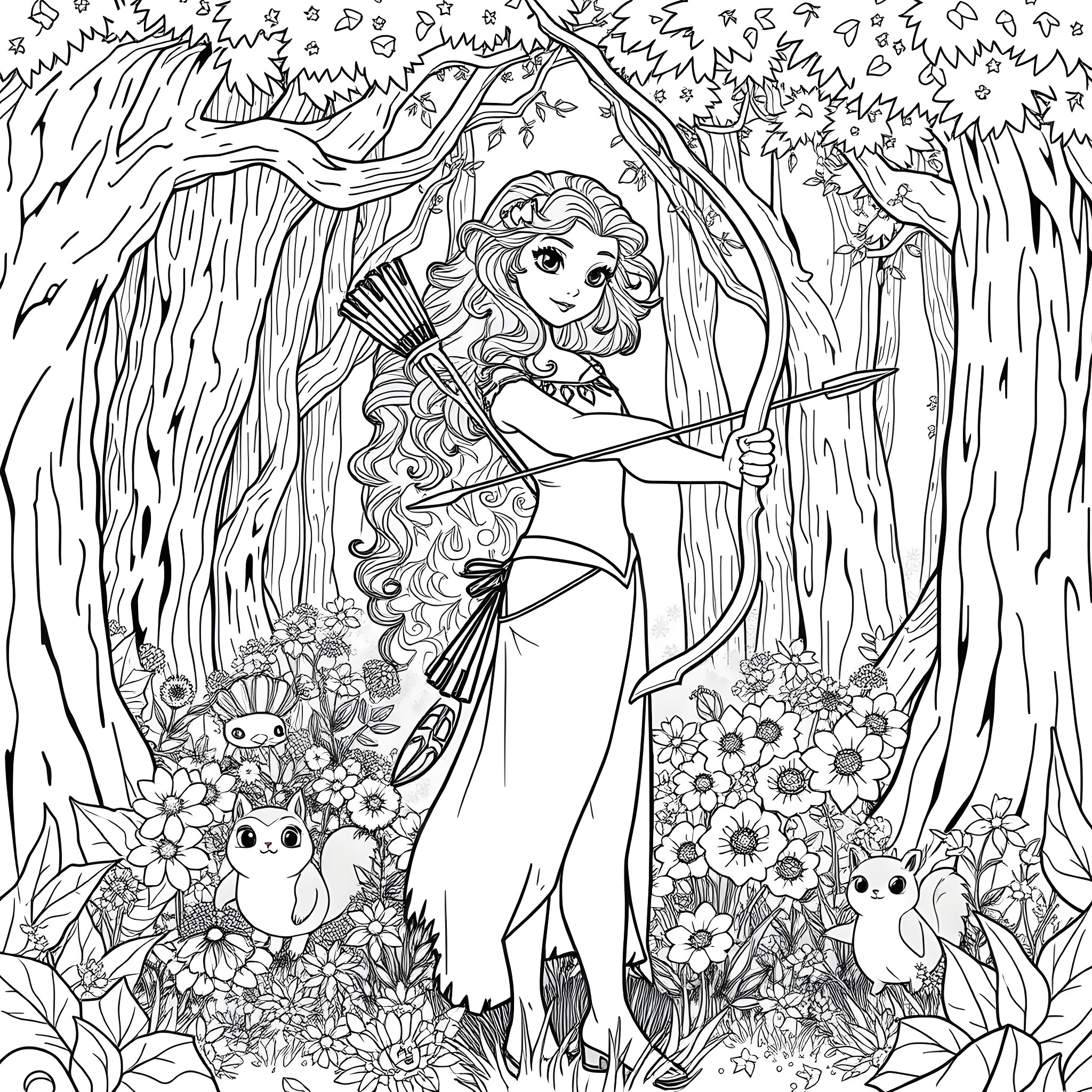 Merida Exploring the Enchanted Forest Coloring Page (free black-and-white line drawing printable PDF for all, from beginners to advanced learners, including children, teens, adults, and seniors)