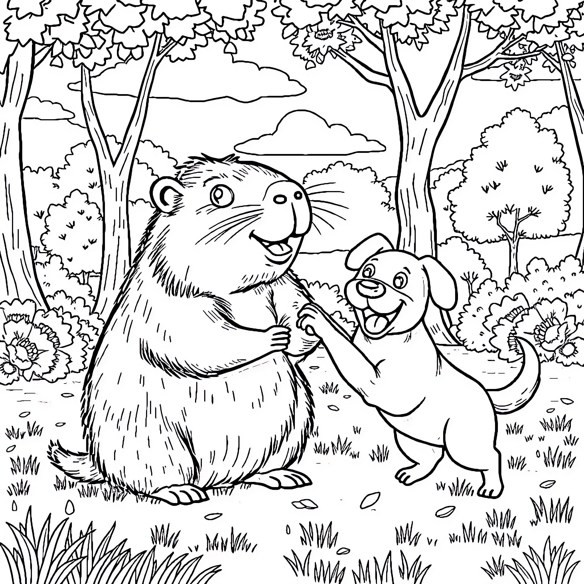 Capybara and dog playing in the forest Coloring Page (free black-and-white line drawing printable PDF for all, from beginners to advanced learners, including children, teens, adults, and seniors)