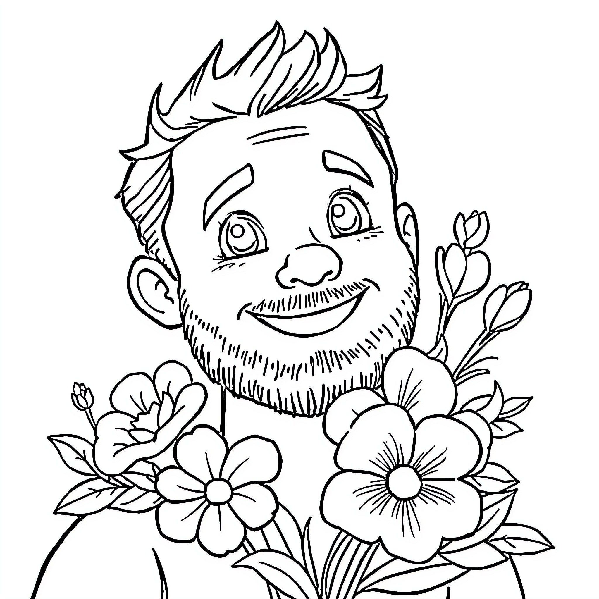 Man with floral face and happy expression Coloring Page (free black-and-white line drawing printable PDF for all, from beginners to advanced learners, including children, teens, adults, and seniors)