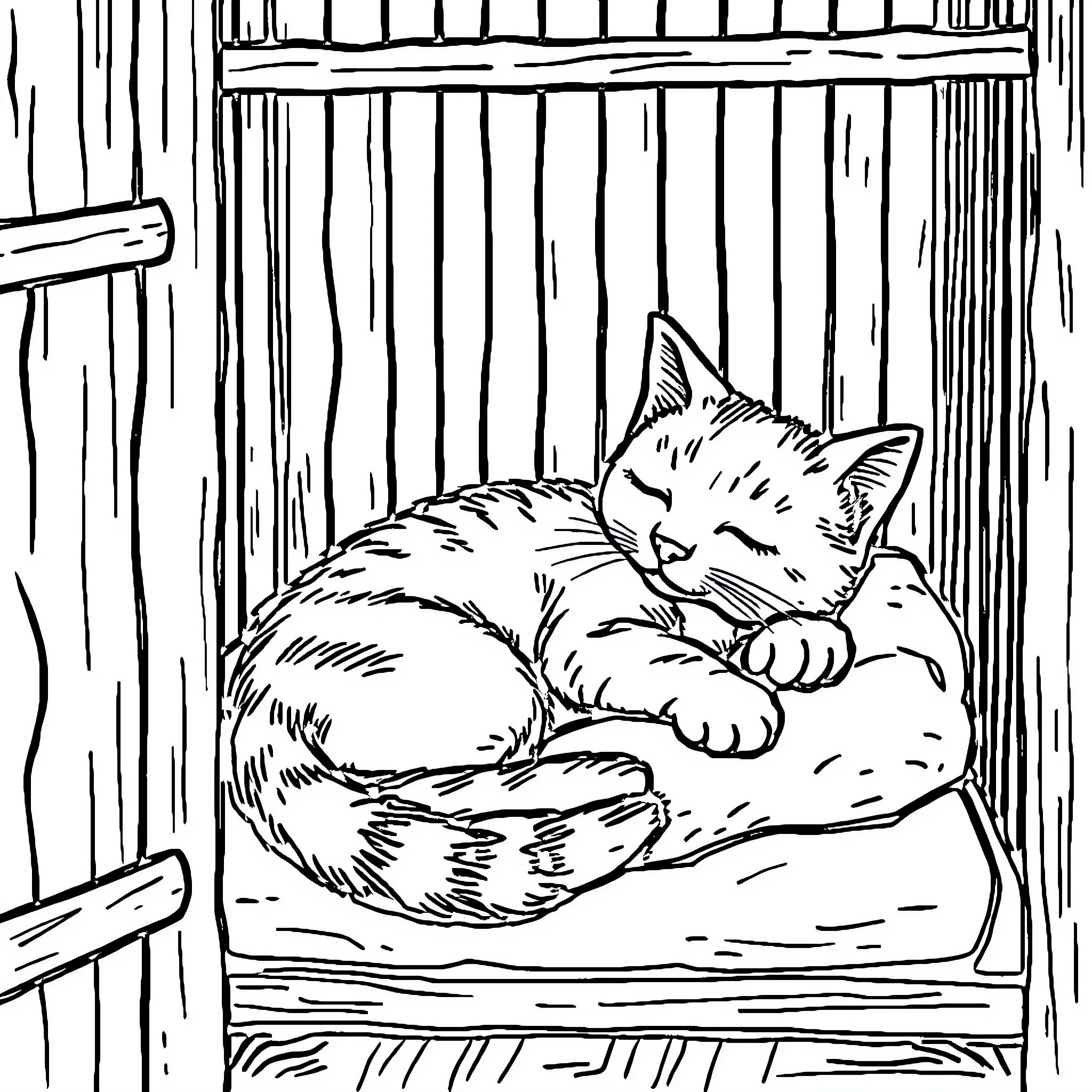 Cat napping peacefully in the cozy window Coloring Page (free black-and-white line drawing printable PDF for all, from beginners to advanced learners, including children, teens, adults, and seniors)