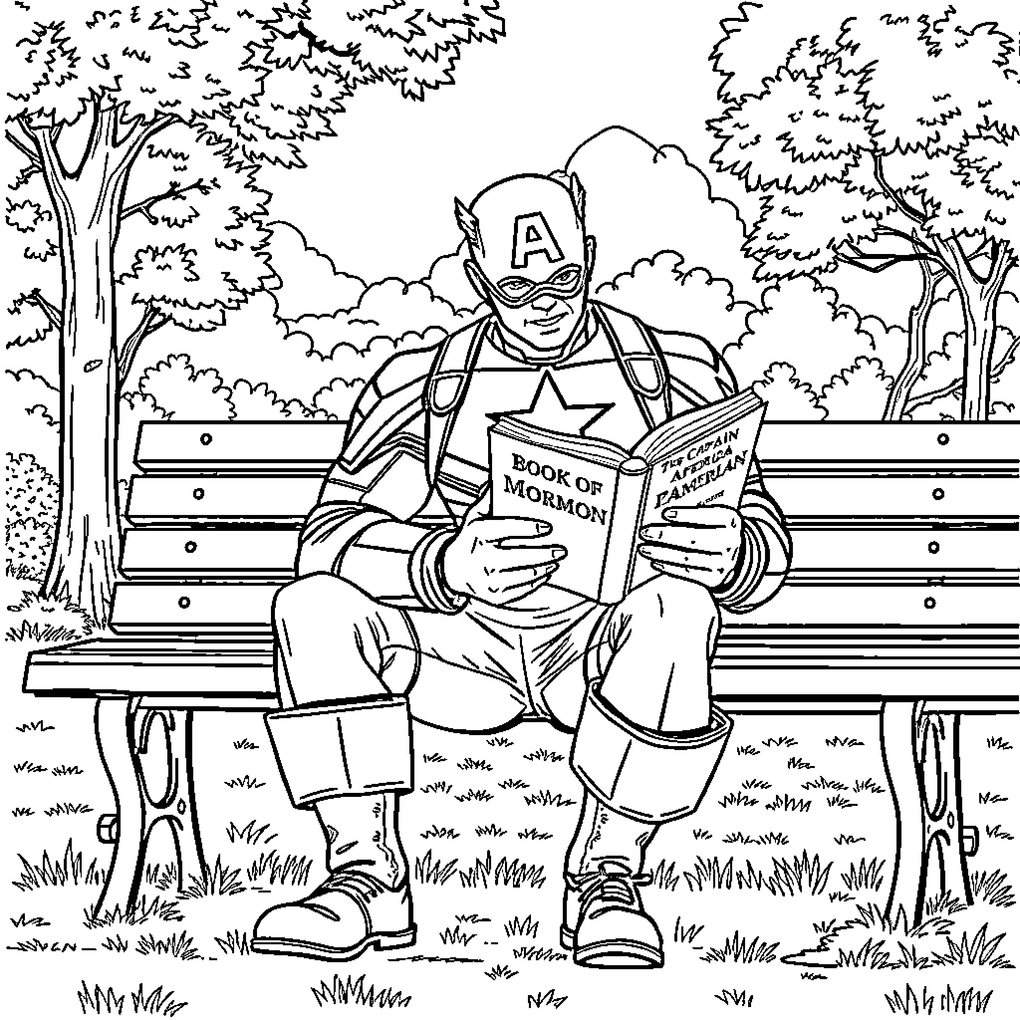 Captain America Reading the Book of Mormon on a Bench Coloring Page (free black-and-white line drawing printable PDF for all, from beginners to advanced learners, including children, teens, adults, and seniors)
