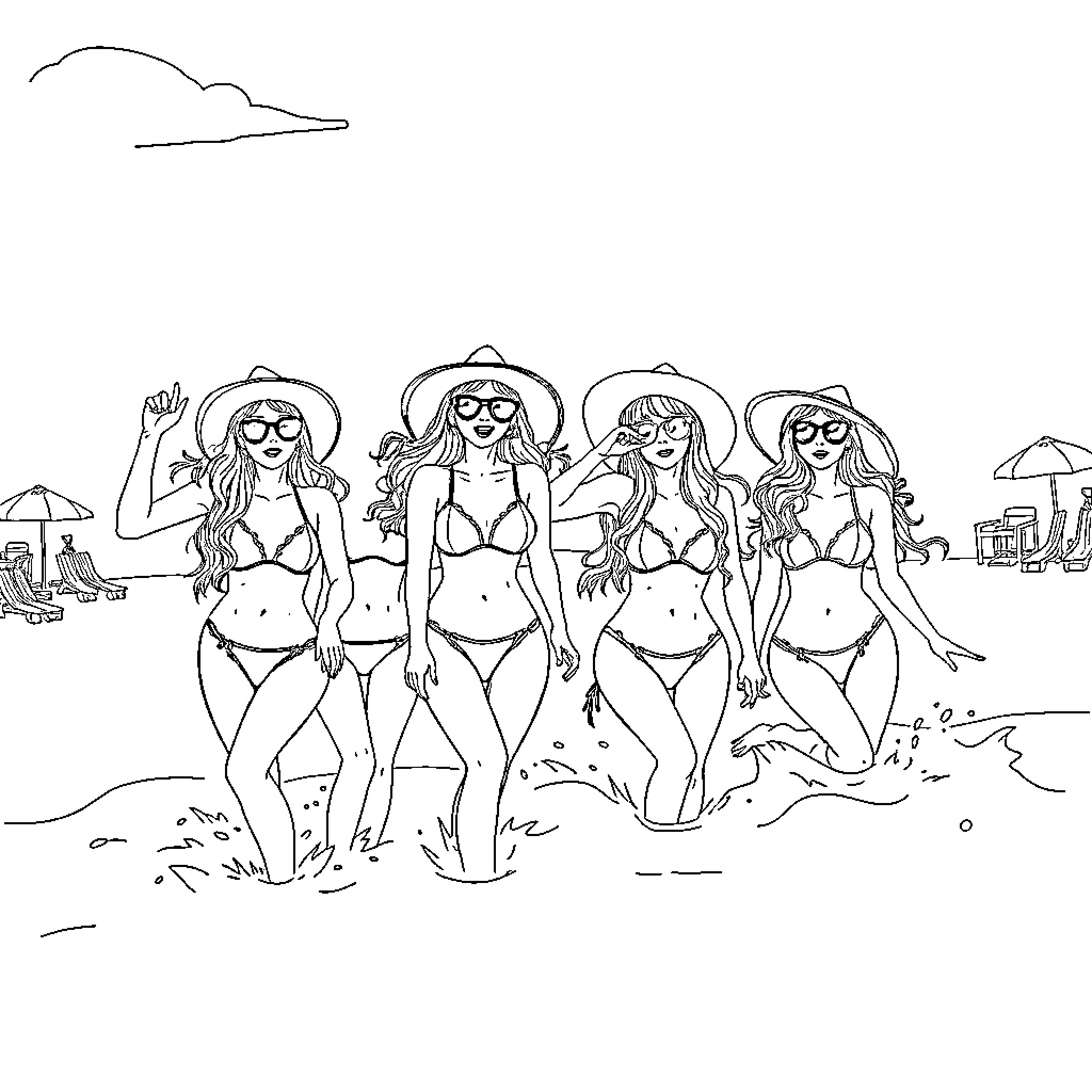 Guerrera Beachgoers Enjoying Summer Fun Coloring Page (free black-and-white line drawing printable PDF for all, from beginners to advanced learners, including children, teens, adults, and seniors)