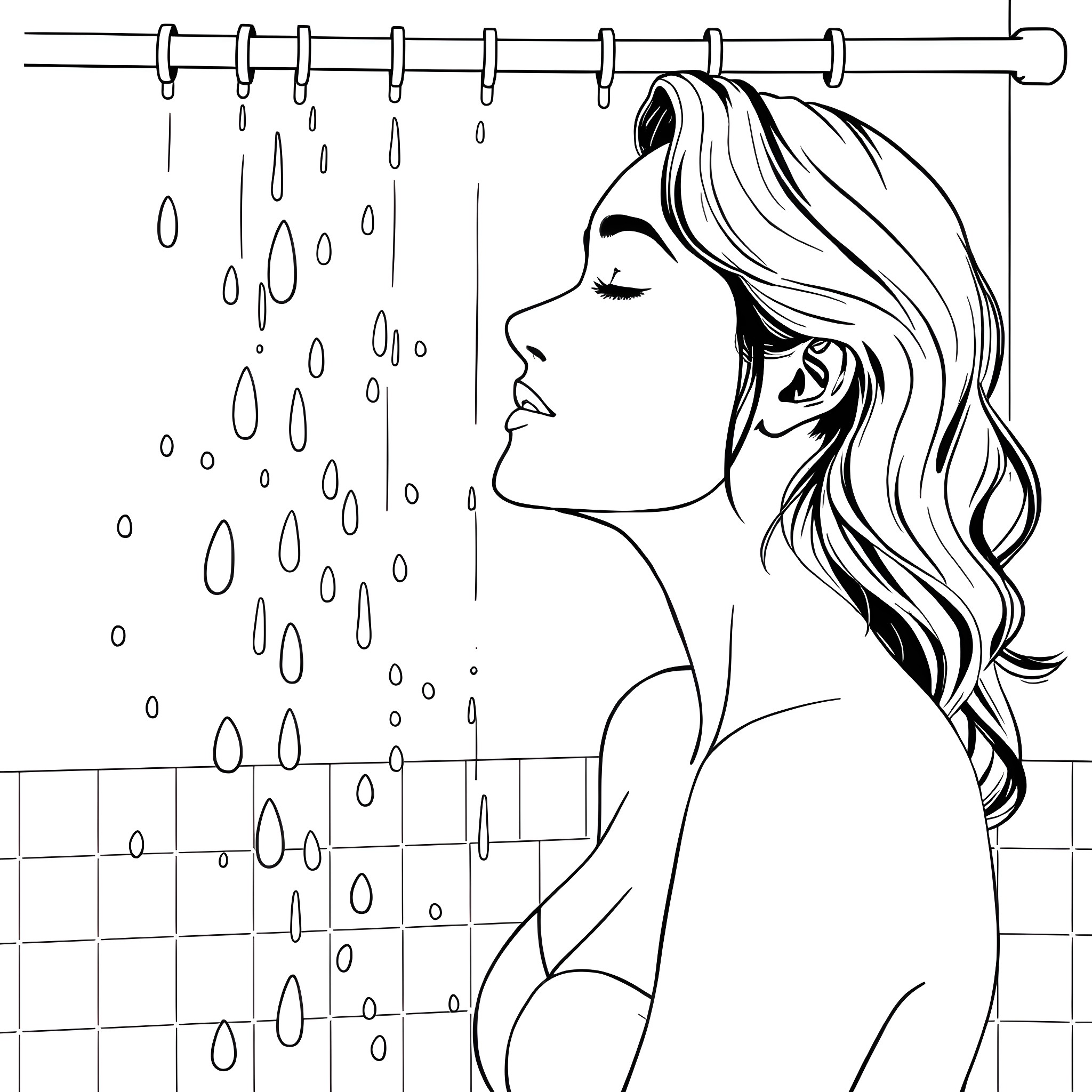 Woman enjoying the rain peacefully Coloring Page (free black-and-white line drawing printable PDF for all, from beginners to advanced learners, including children, teens, adults, and seniors)