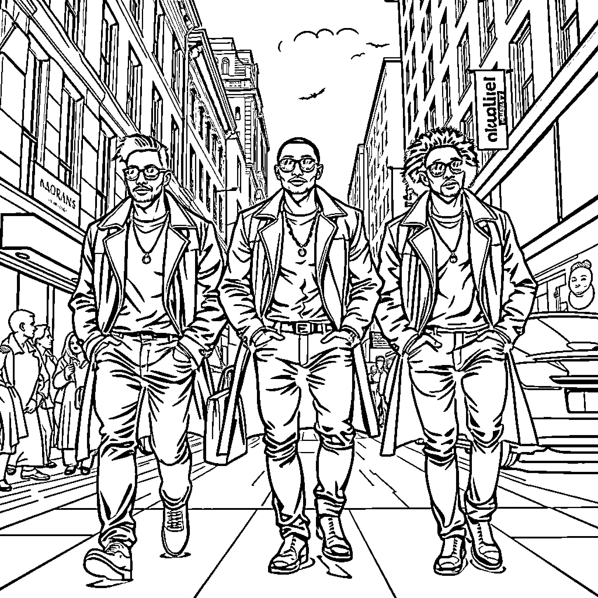 Man Strolling with Friends on City Street Coloring Page (free black-and-white line drawing printable PDF for all, from beginners to advanced learners, including children, teens, adults, and seniors)