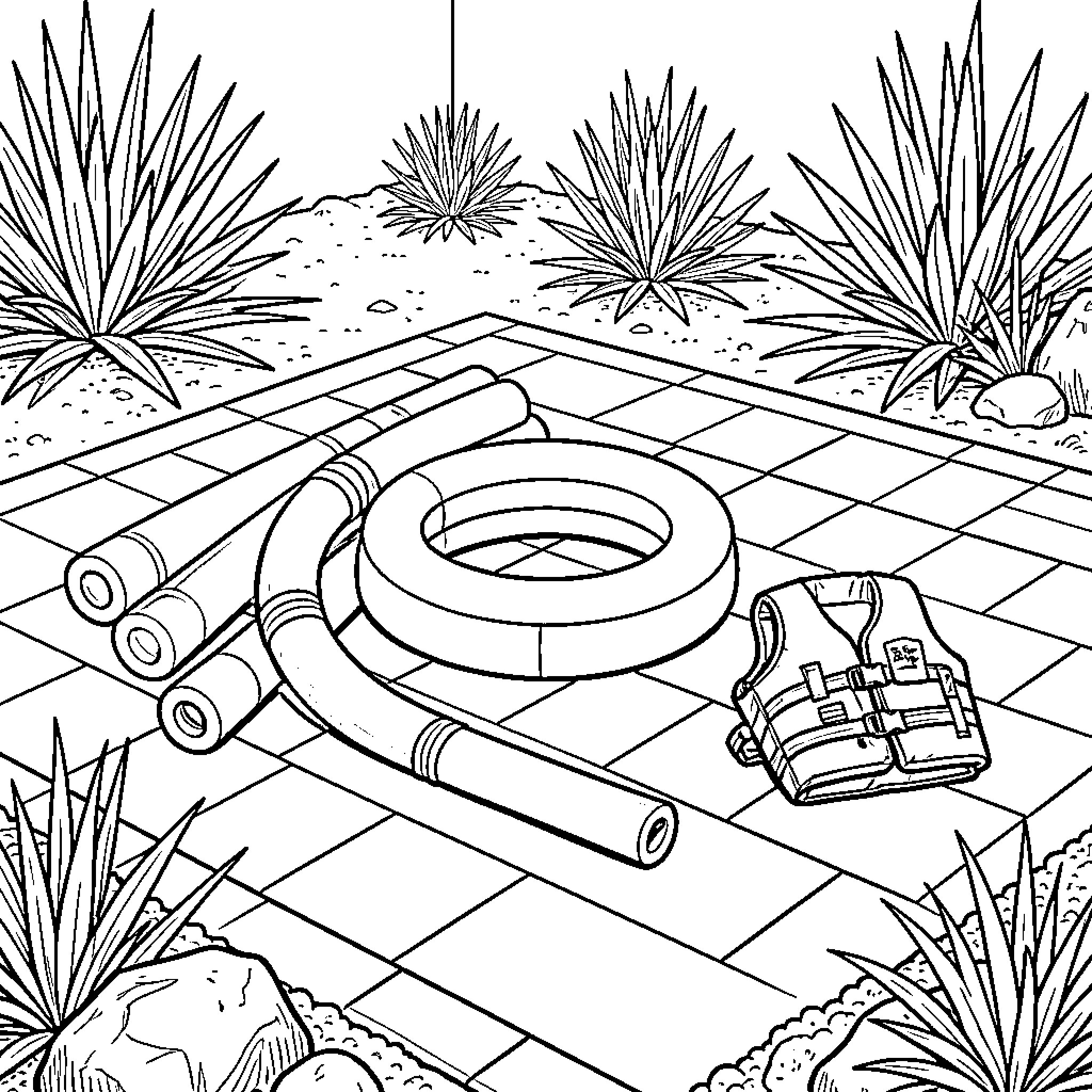 Pool Toy Adventure in the Desert Coloring Page (free black-and-white line drawing printable PDF for all, from beginners to advanced learners, including children, teens, adults, and seniors)