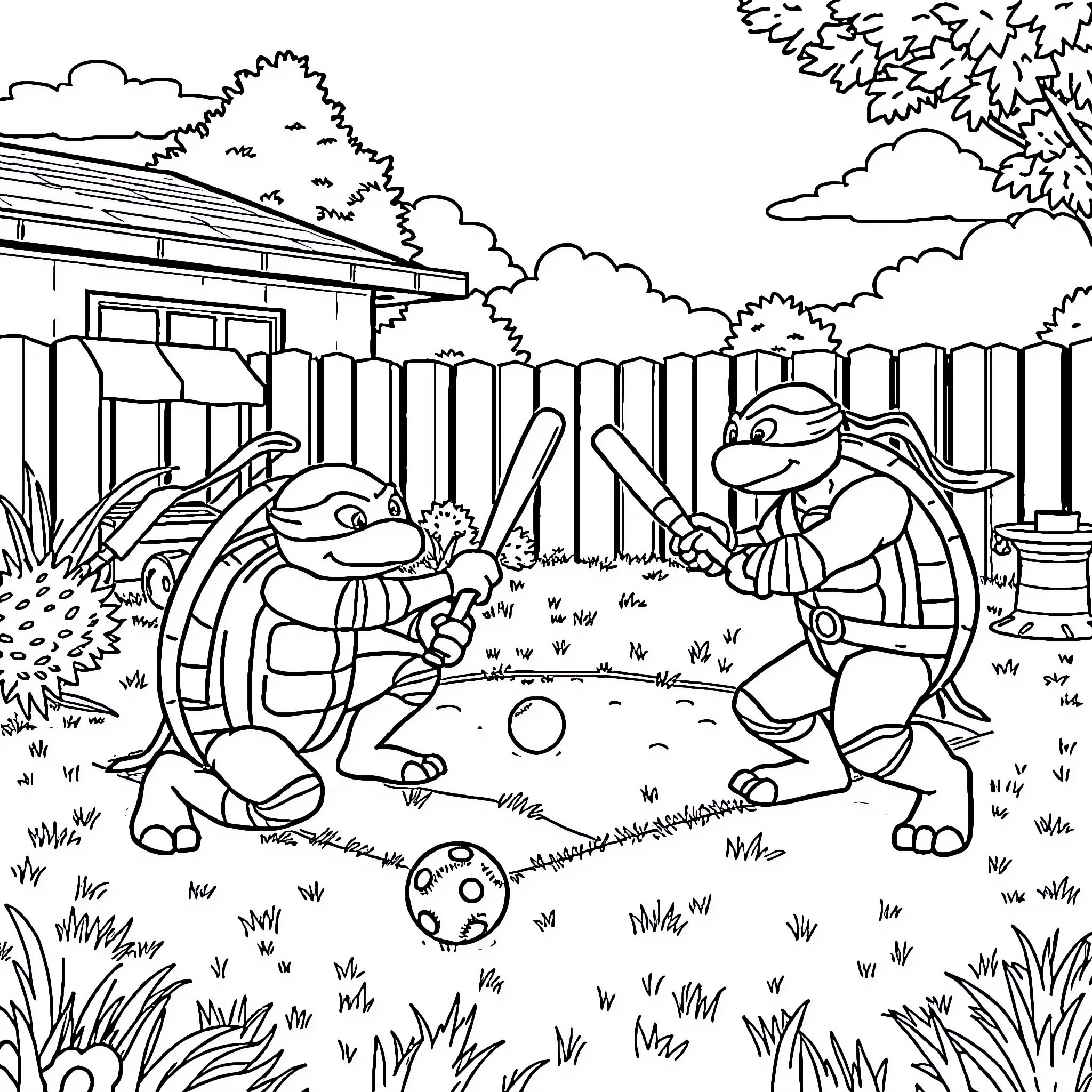 Teenage Mutant Ninja Turtles playing in a backyard garden Coloring Page (free black-and-white line drawing printable PDF for all, from beginners to advanced learners, including children, teens, adults, and seniors)