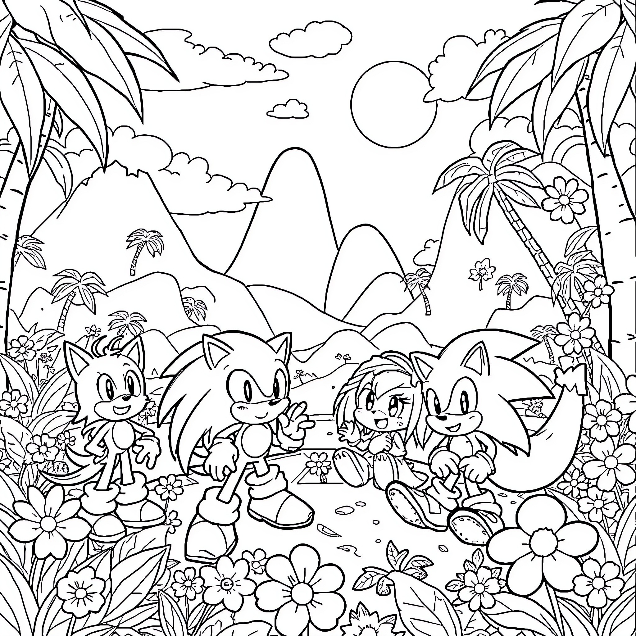 Sonic and friends exploring the tropical landscape Coloring Page (free black-and-white line drawing printable PDF for all, from beginners to advanced learners, including children, teens, adults, and seniors)
