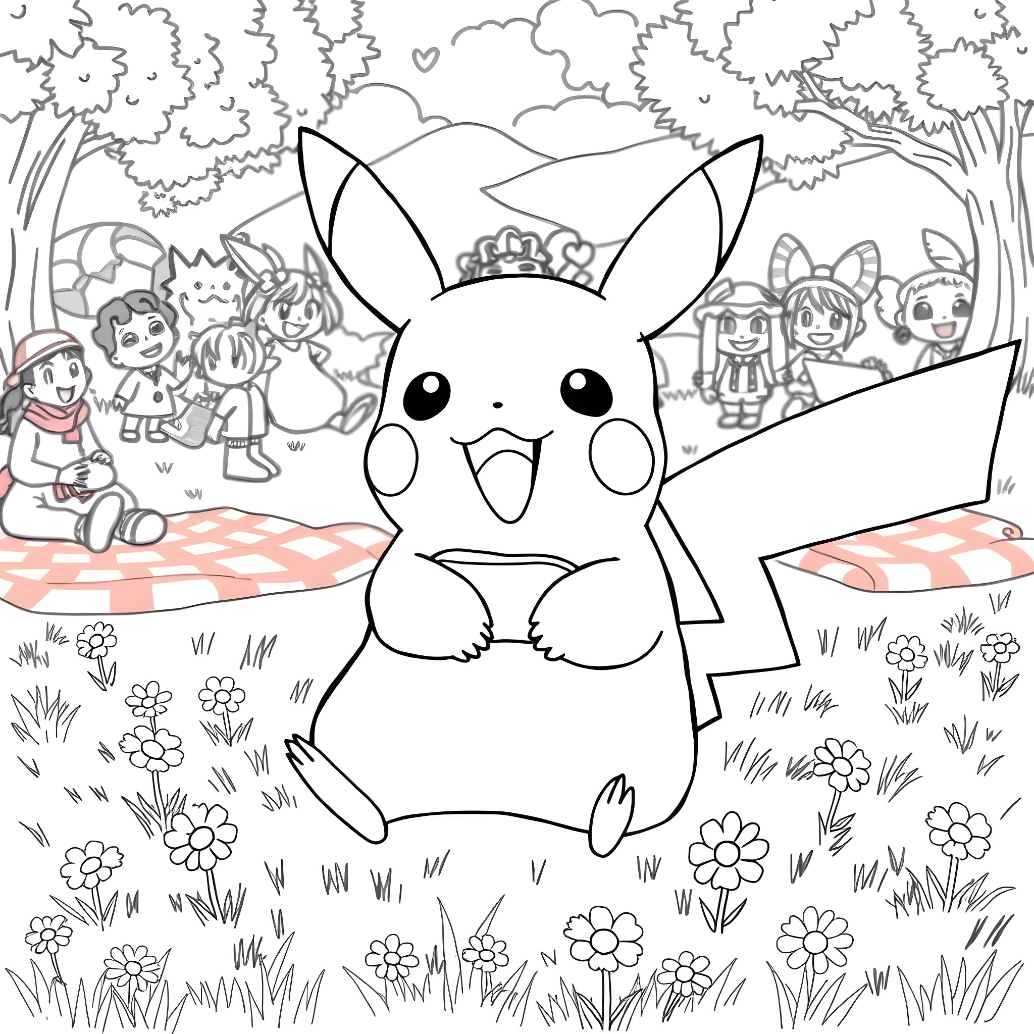 Pikachu Enjoying a Picnic with Friends in the Park Coloring Page (free black-and-white line drawing printable PDF for all, from beginners to advanced learners, including children, teens, adults, and seniors)
