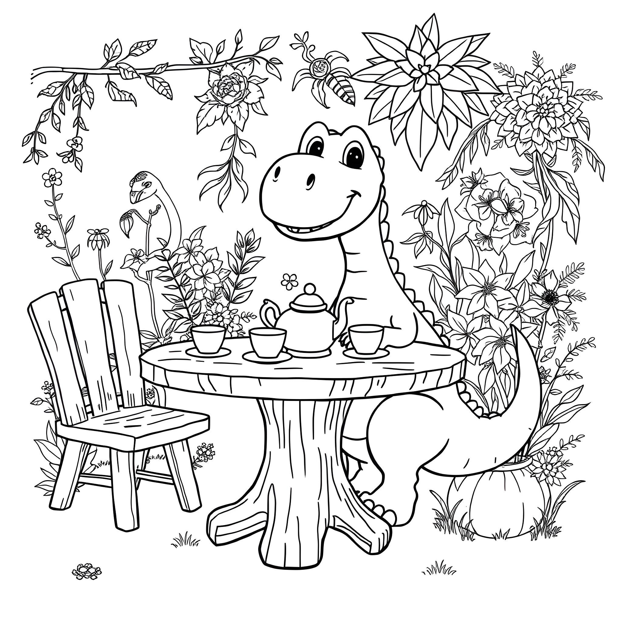 Dinosaur enjoying tea party in a floral garden Coloring Page (free black-and-white line drawing printable PDF for all, from beginners to advanced learners, including children, teens, adults, and seniors)