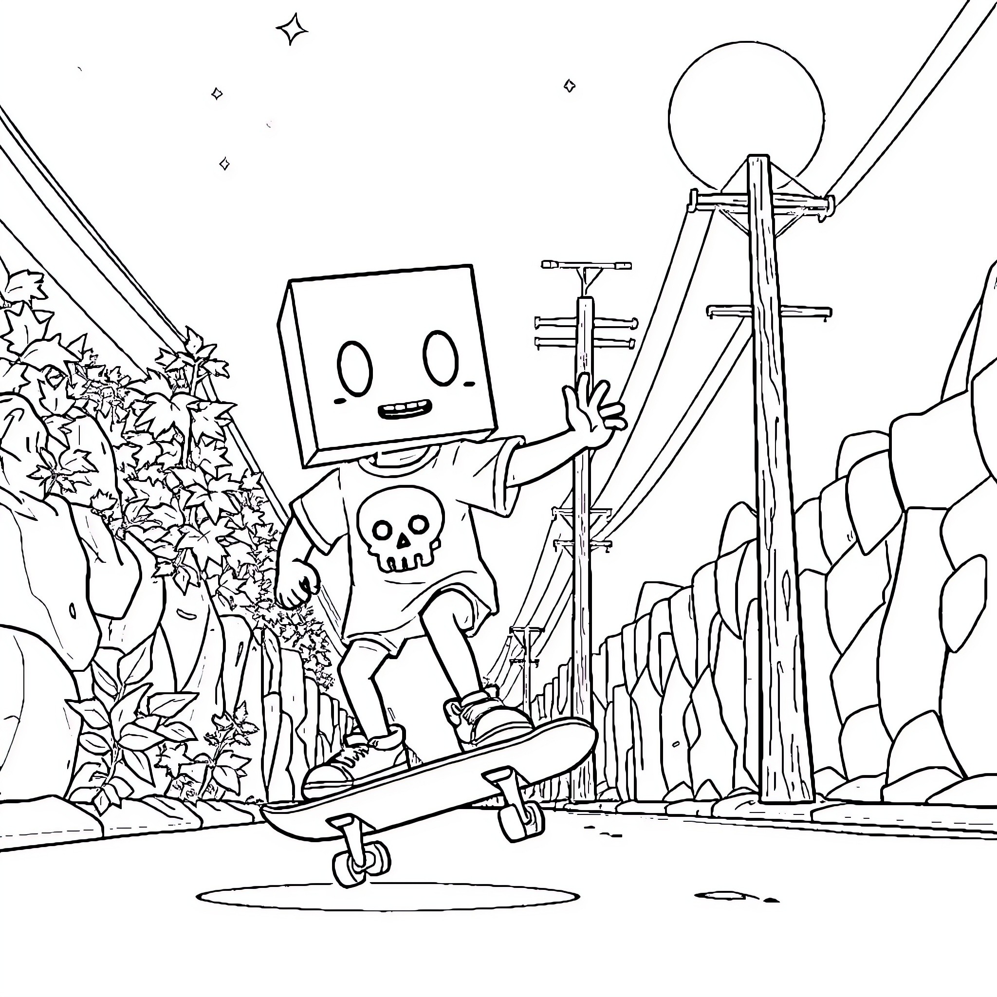 Box-Head Character Exploring Fantastical Landscape Coloring Page (free black-and-white line drawing printable PDF for all, from beginners to advanced learners, including children, teens, adults, and seniors)