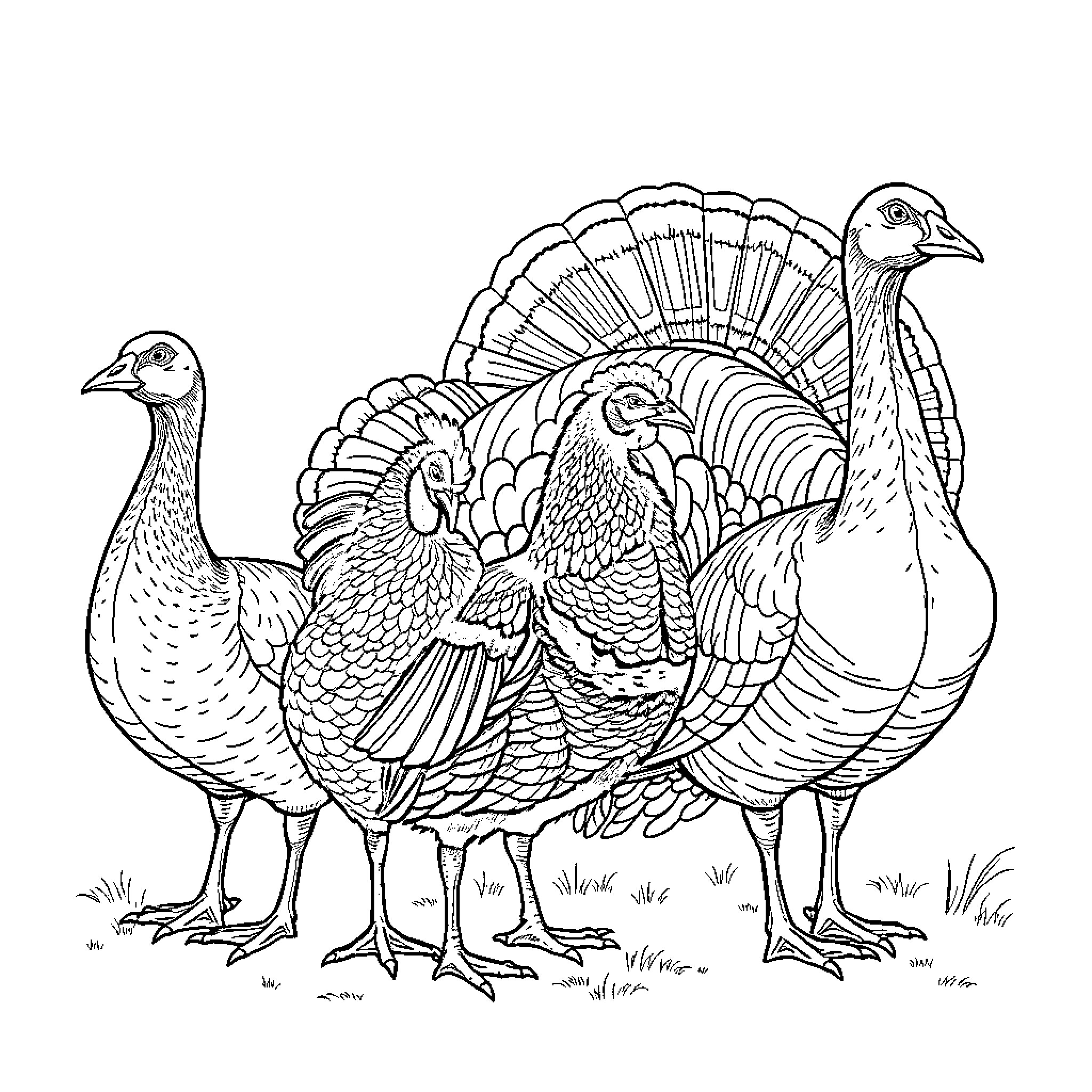 Goose family strutting with vibrant plumage Coloring Page (free black-and-white line drawing printable PDF for all, from beginners to advanced learners, including children, teens, adults, and seniors)